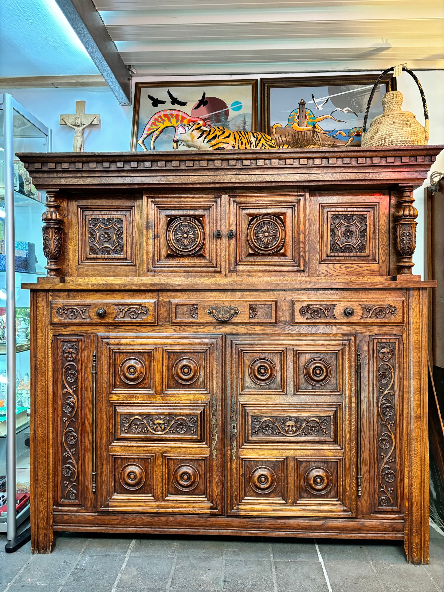 Renaissance Revival Carved Solid Oak Court Cupboard With Foliate And Rosette Carved Accents