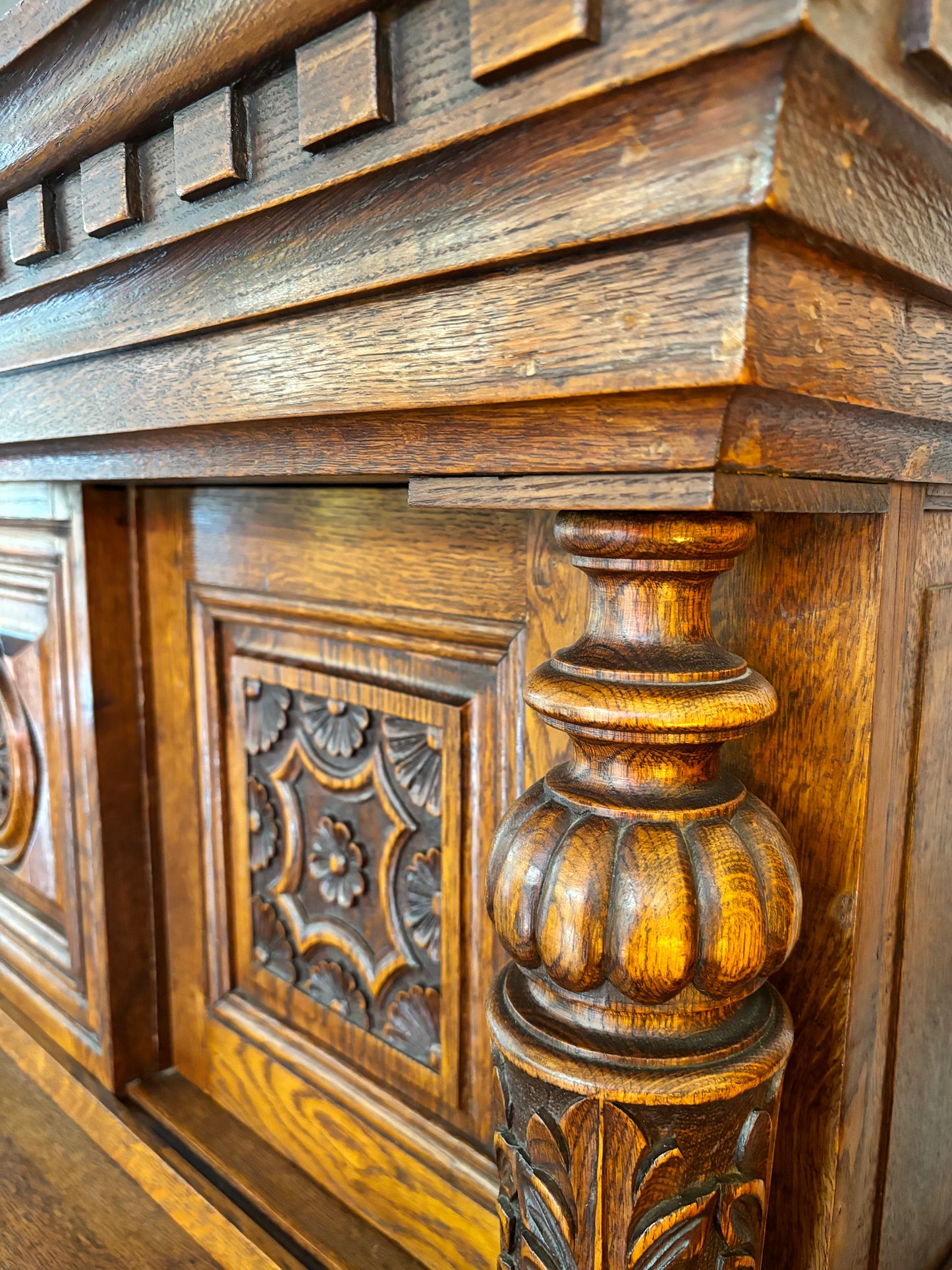 Renaissance Revival Carved Solid Oak Court Cupboard With Foliate And Rosette Carved Accents