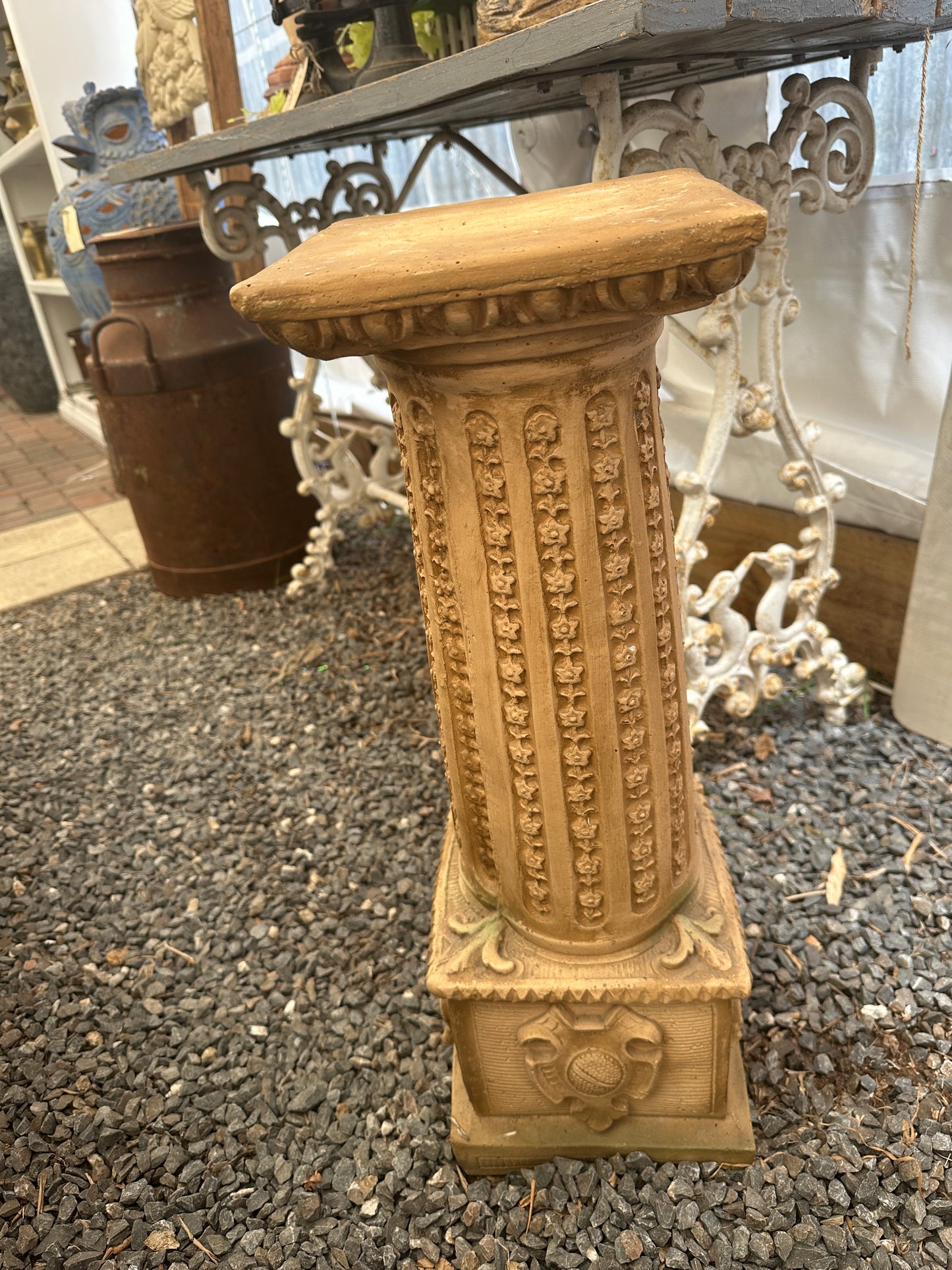 Vintage Neoclassical Terracotta Garden Urn with Pedestal Stand - Cherub Relief & Maiden Handles - Ornate Classical