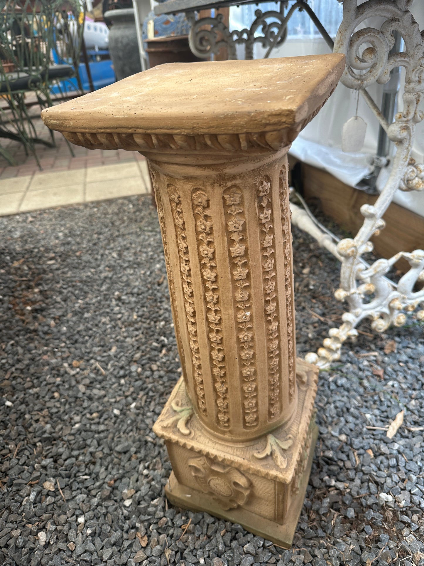 Vintage Neoclassical Terracotta Garden Urn with Pedestal Stand - Cherub Relief & Maiden Handles - Ornate Classical