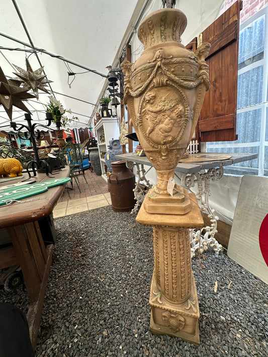 Vintage Neoclassical Terracotta Garden Urn with Pedestal Stand - Cherub Relief & Maiden Handles - Ornate Classical