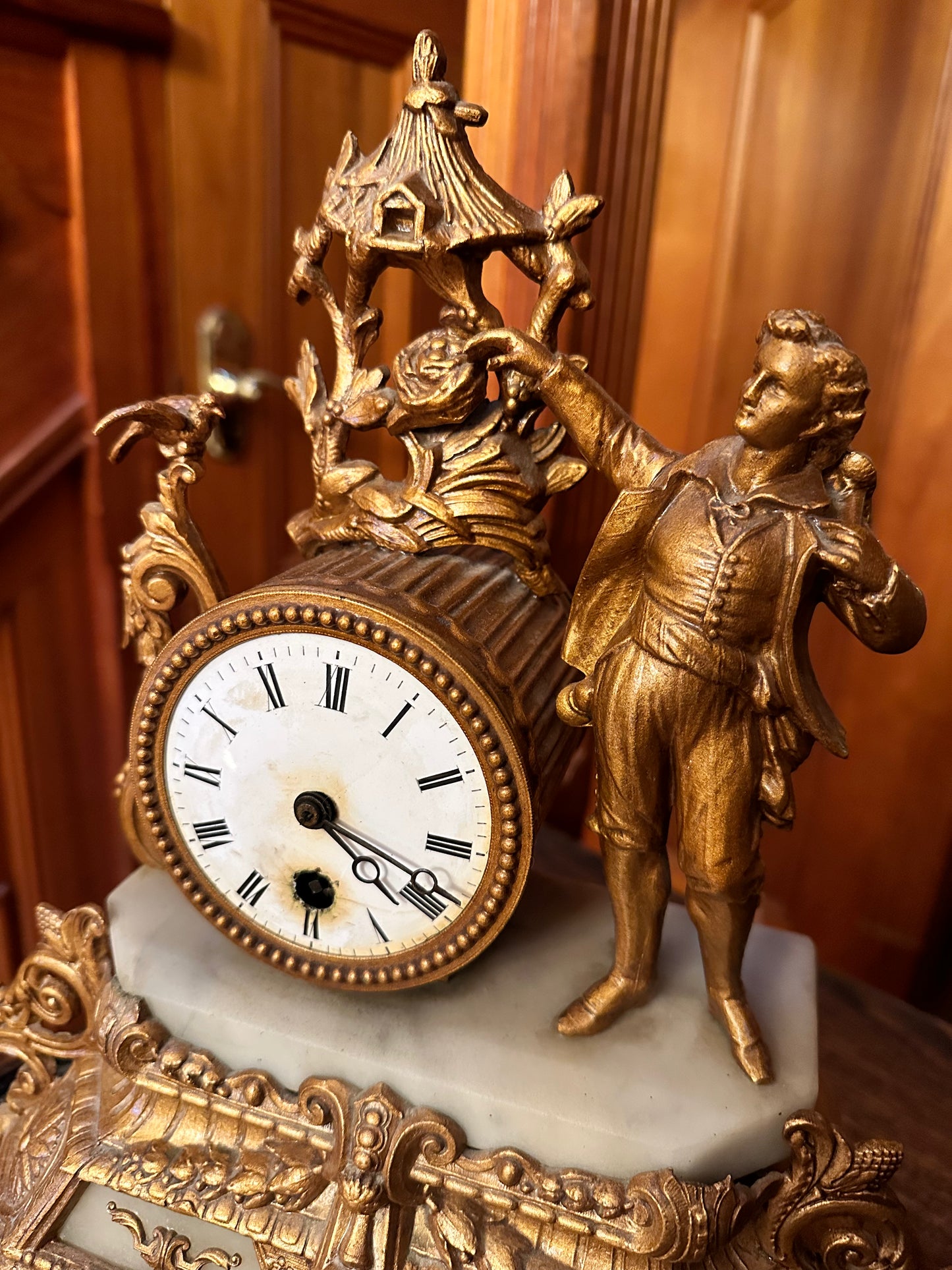 Antique French Gilt and Alabaster Ornamental Mantle Clock with Key