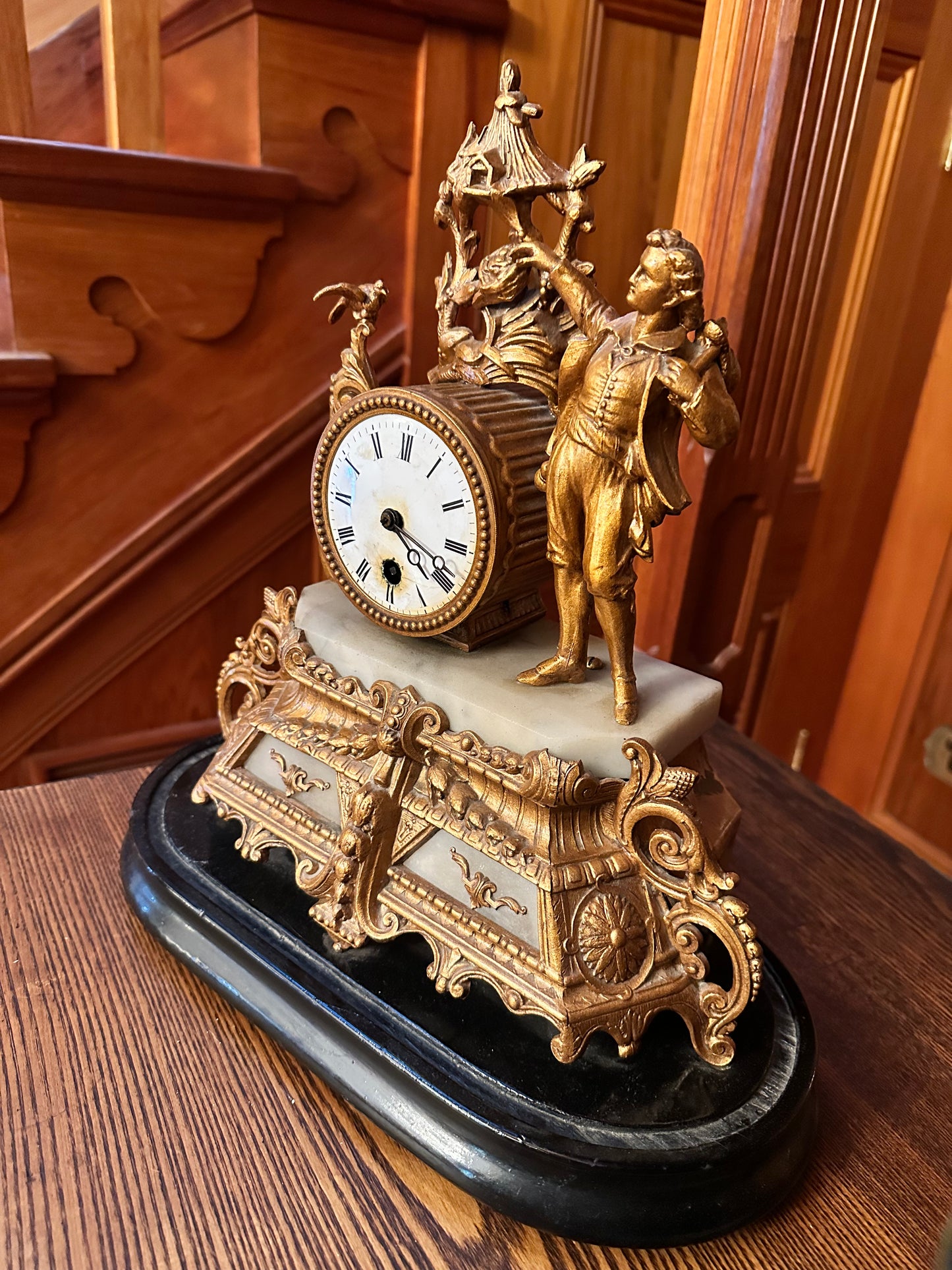 Antique French Gilt and Alabaster Ornamental Mantle Clock with Key