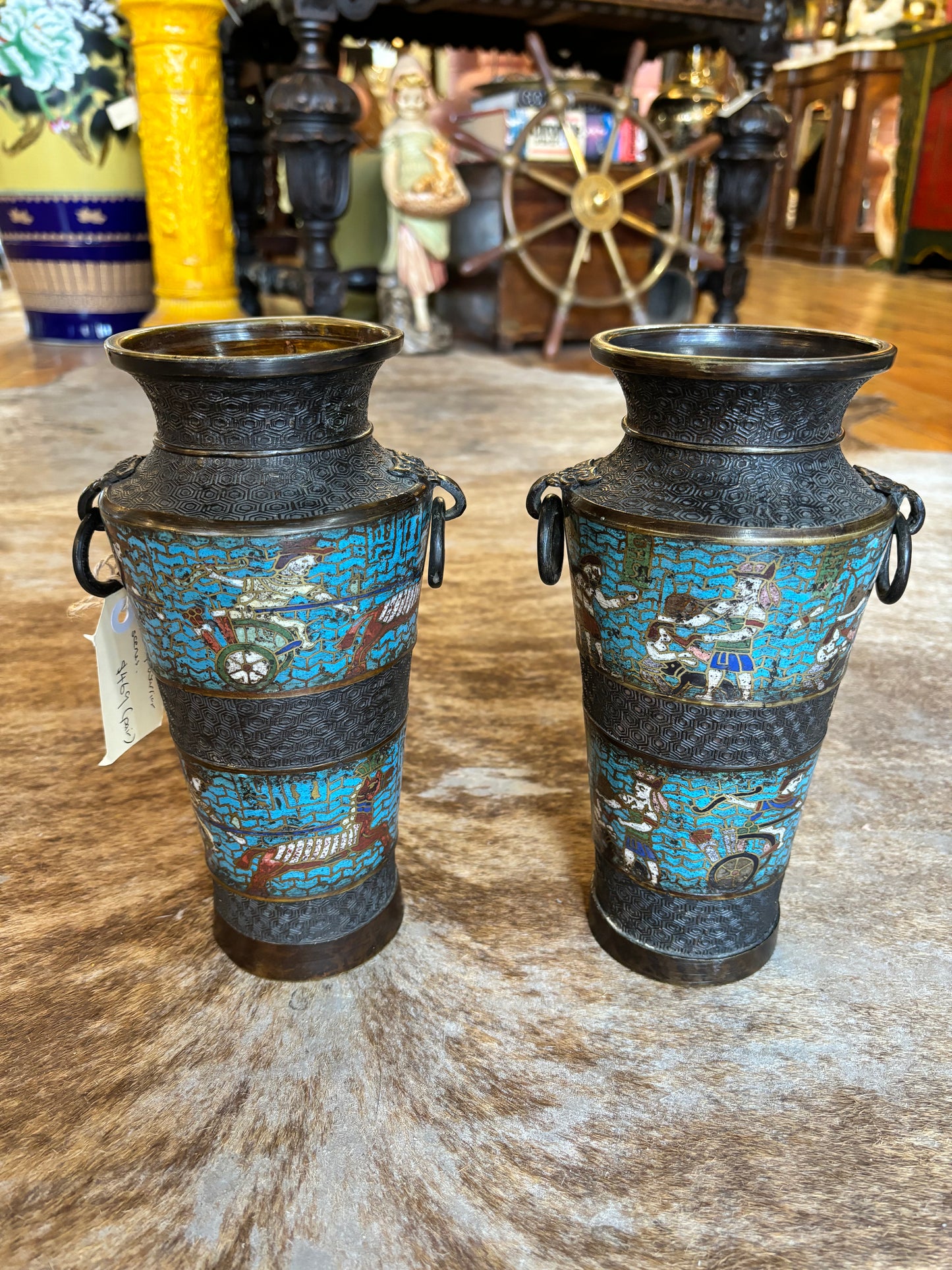 Pair Of Antique Meiji Enamel And Bronze Vases Champleve