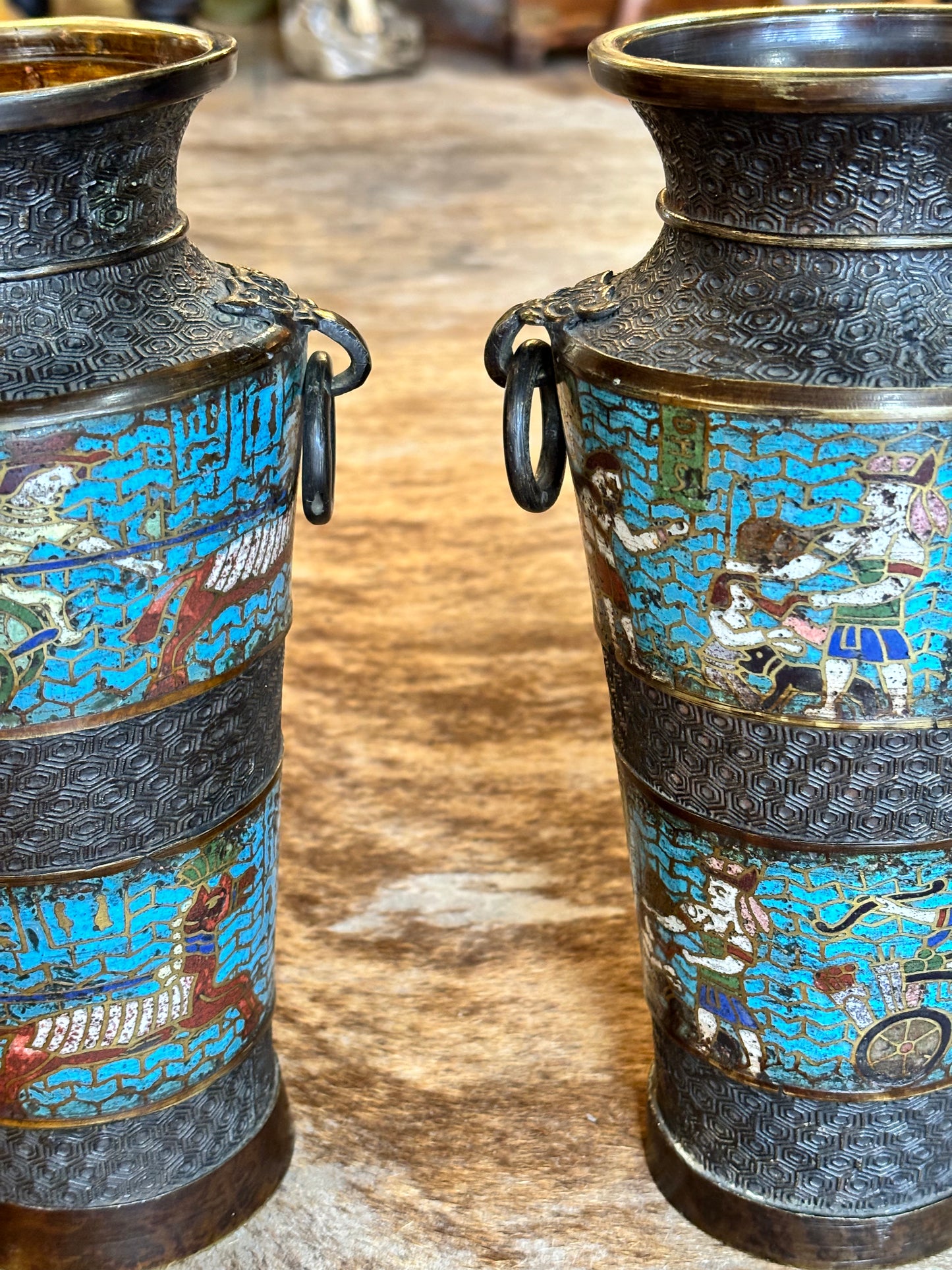 Pair Of Antique Meiji Enamel And Bronze Vases Champleve