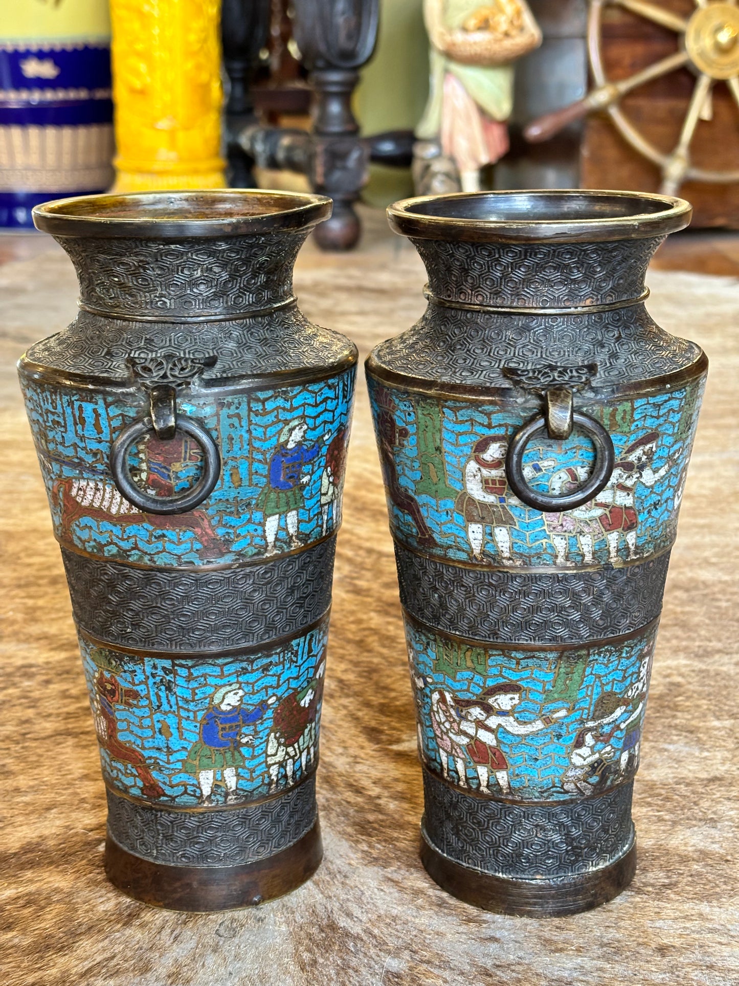 Pair Of Antique Meiji Enamel And Bronze Vases Champleve