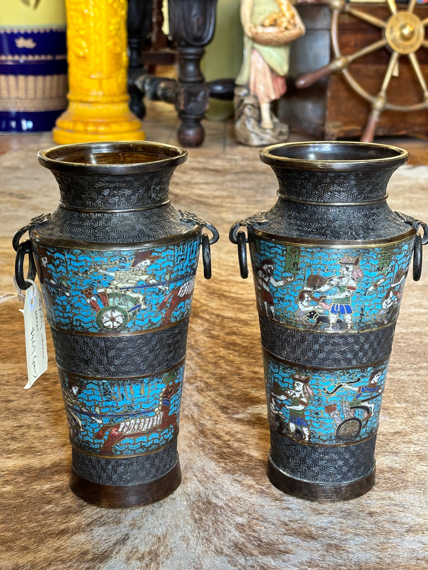 Pair Of Antique Meiji Enamel And Bronze Vases Champleve