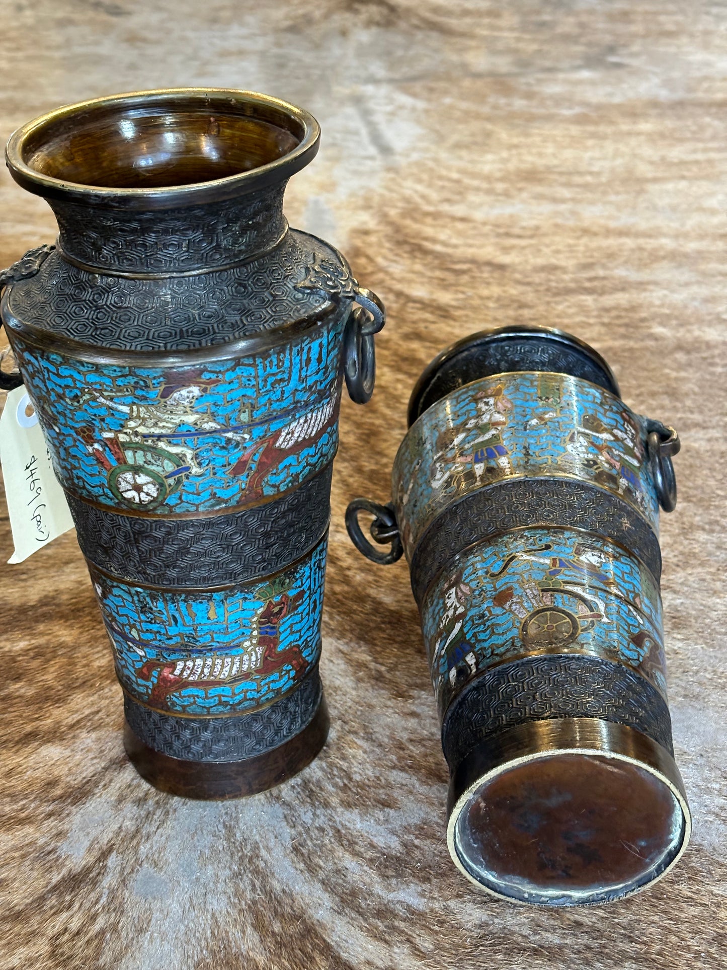 Pair Of Antique Meiji Enamel And Bronze Vases Champleve