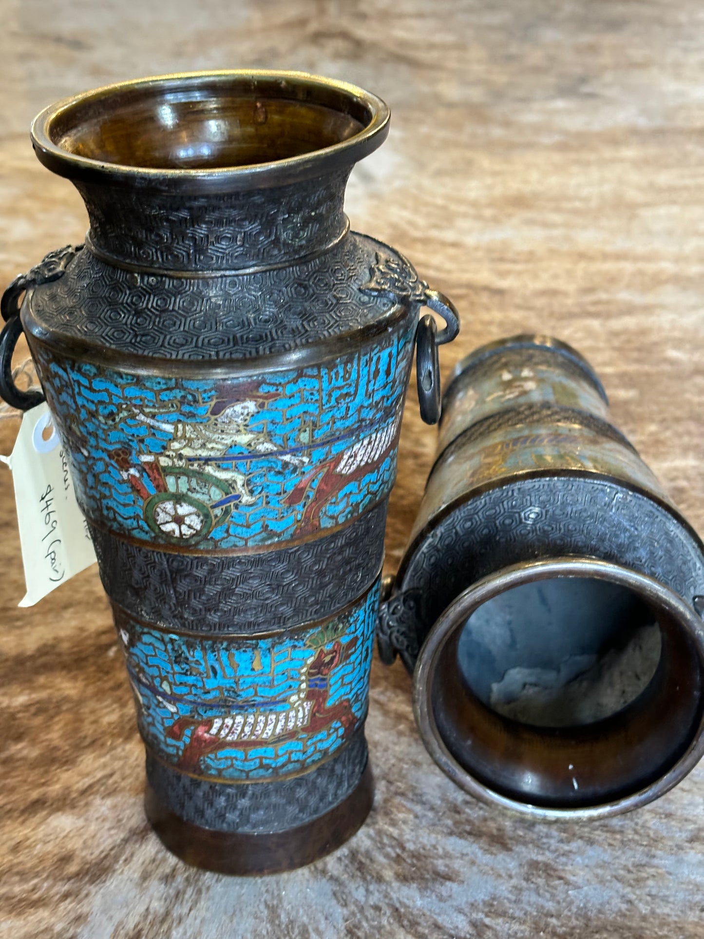 Pair Of Antique Meiji Enamel And Bronze Vases Champleve