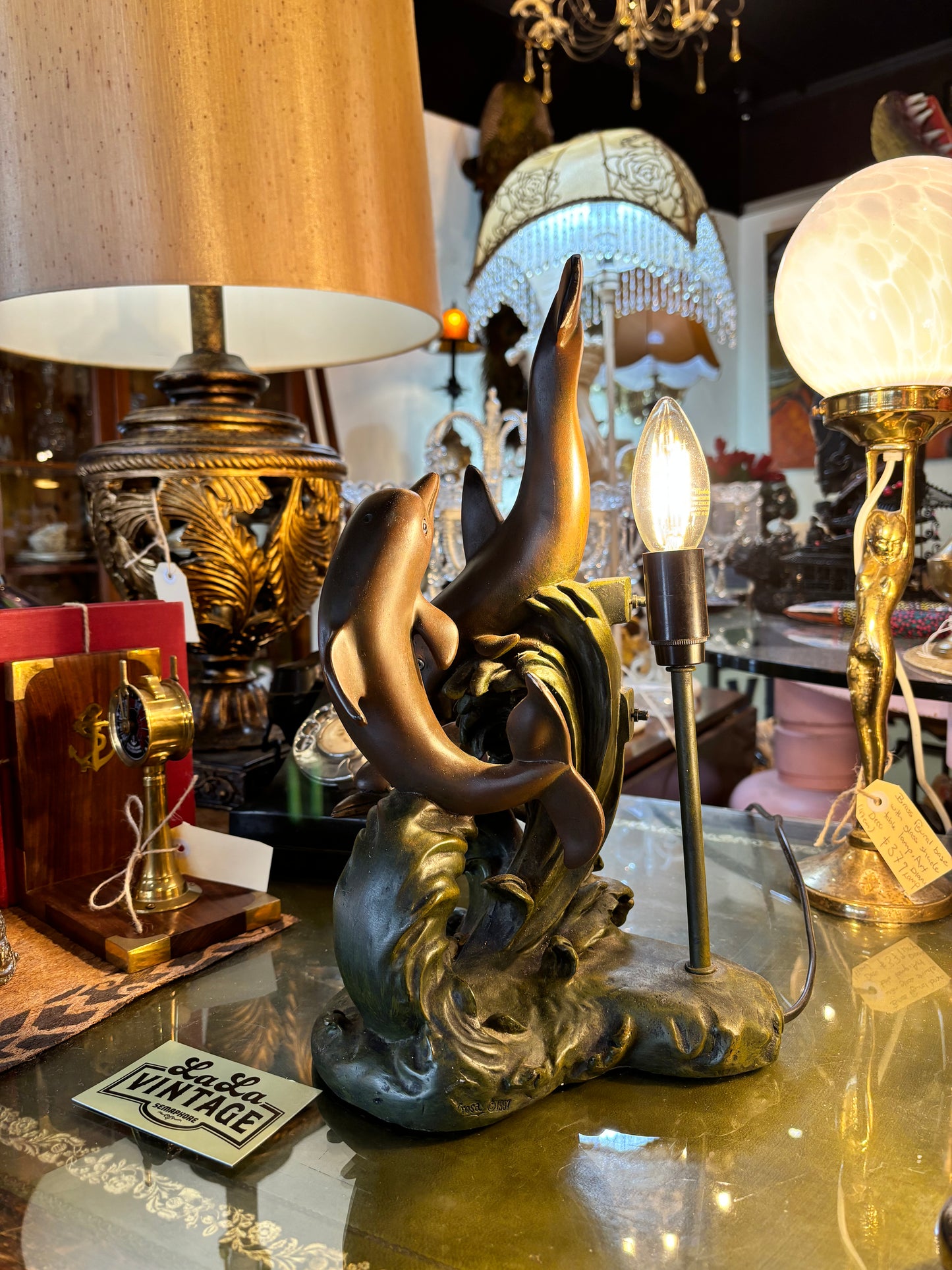 Art Nouveau Frolicking Dolphin Lamp