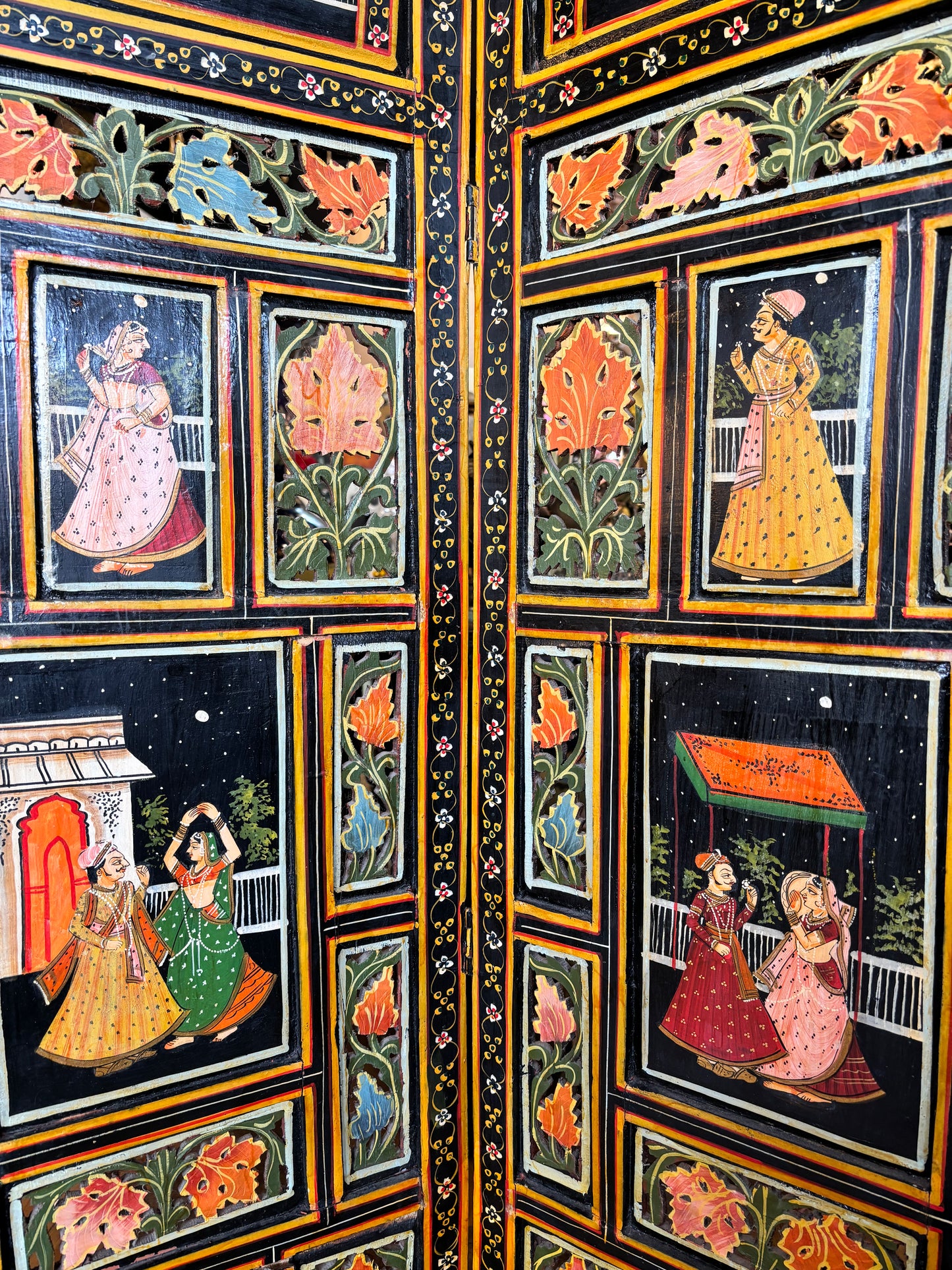 Vintage Handcrafted Indian Room Divider Wooden Folding Screen Hand Painted