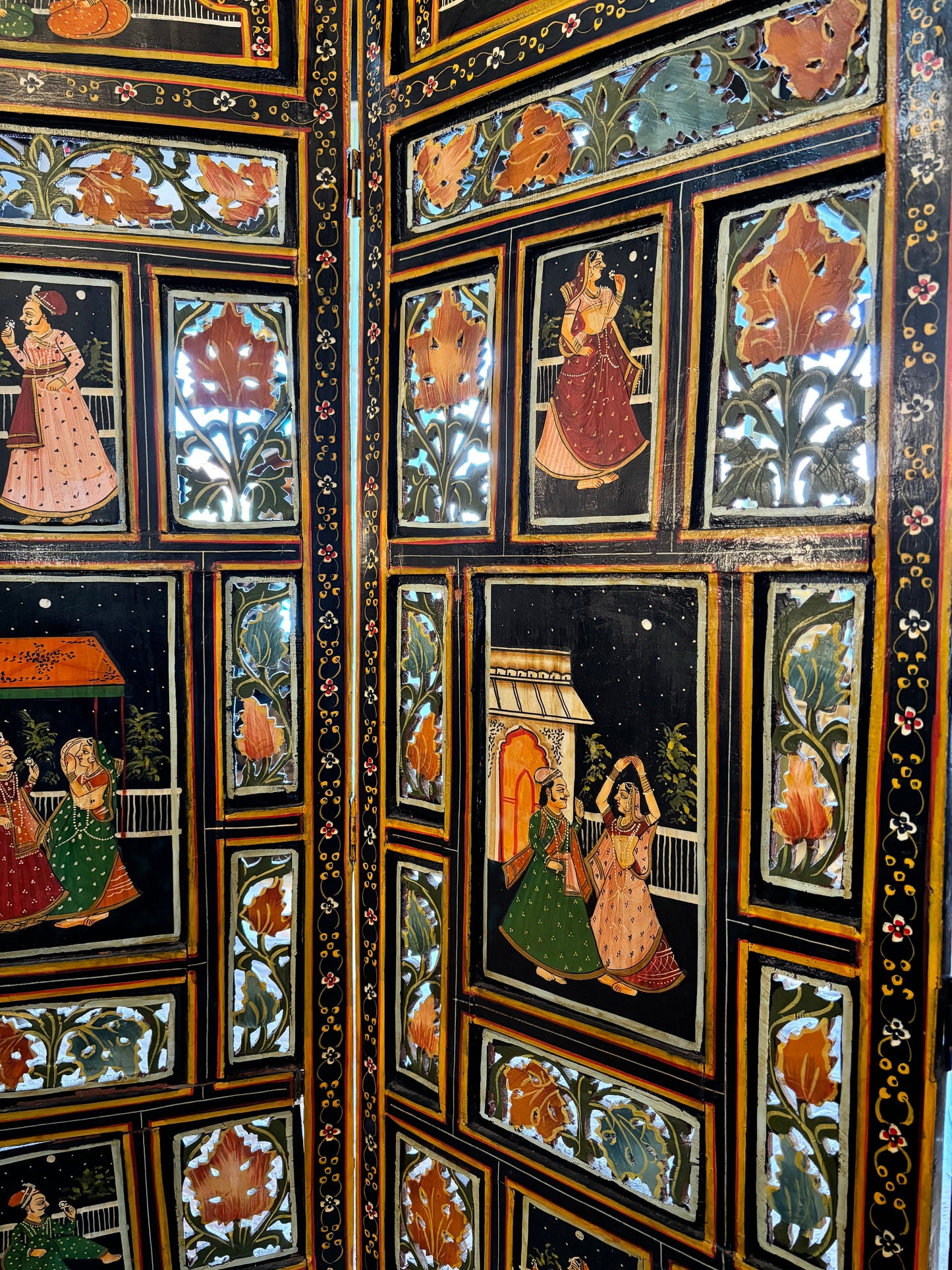 Vintage Handcrafted Indian Room Divider Wooden Folding Screen Hand Painted