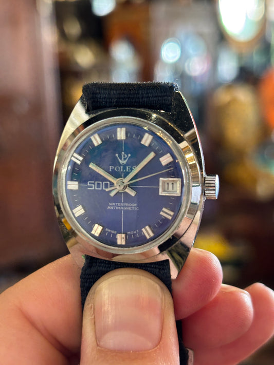 Vintage 1970s Poles 500 Mechanical Watch: Midnight Blue Crosshair Dial with Date