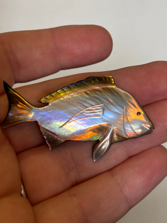 Hand-Carved Iridescent Pearl Shell Fish Brooch