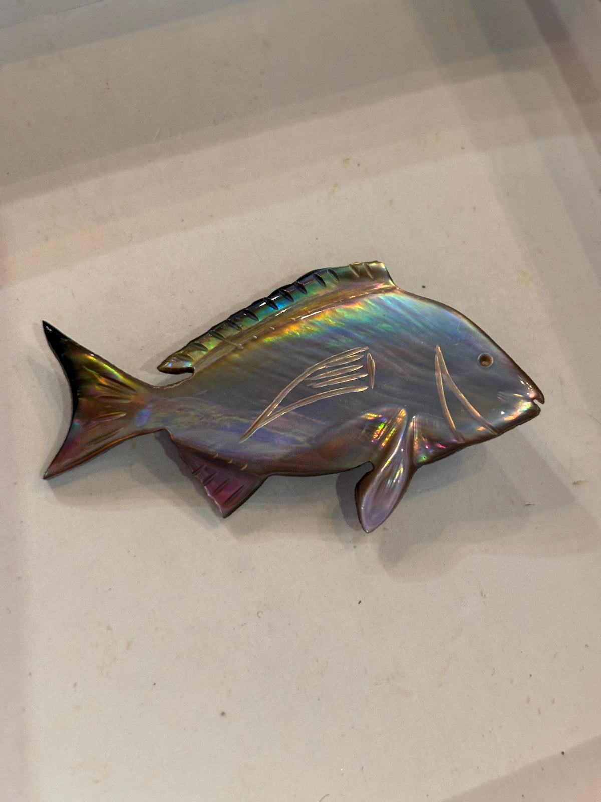 Hand-Carved Iridescent Pearl Shell Fish Brooch