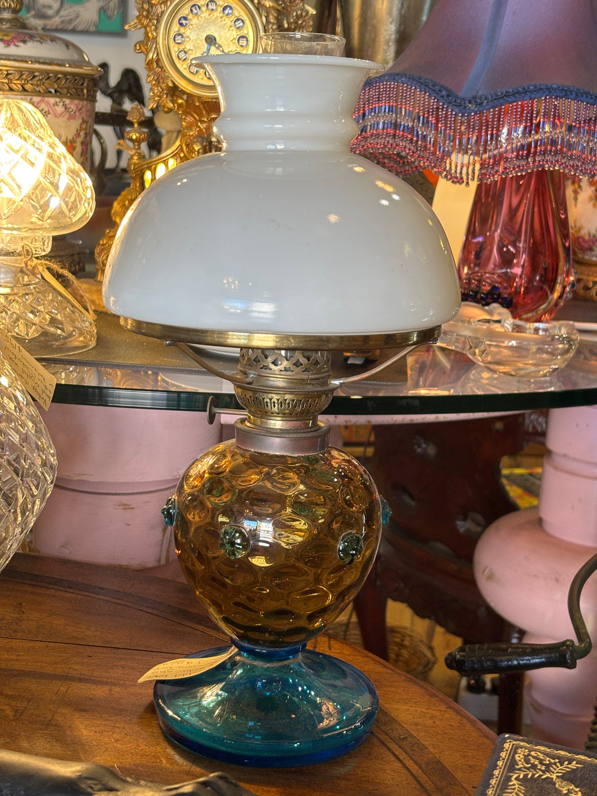 Blue and Amber Glass Kerosene Lamp with Kosmos-style Burner and Opaline Shade