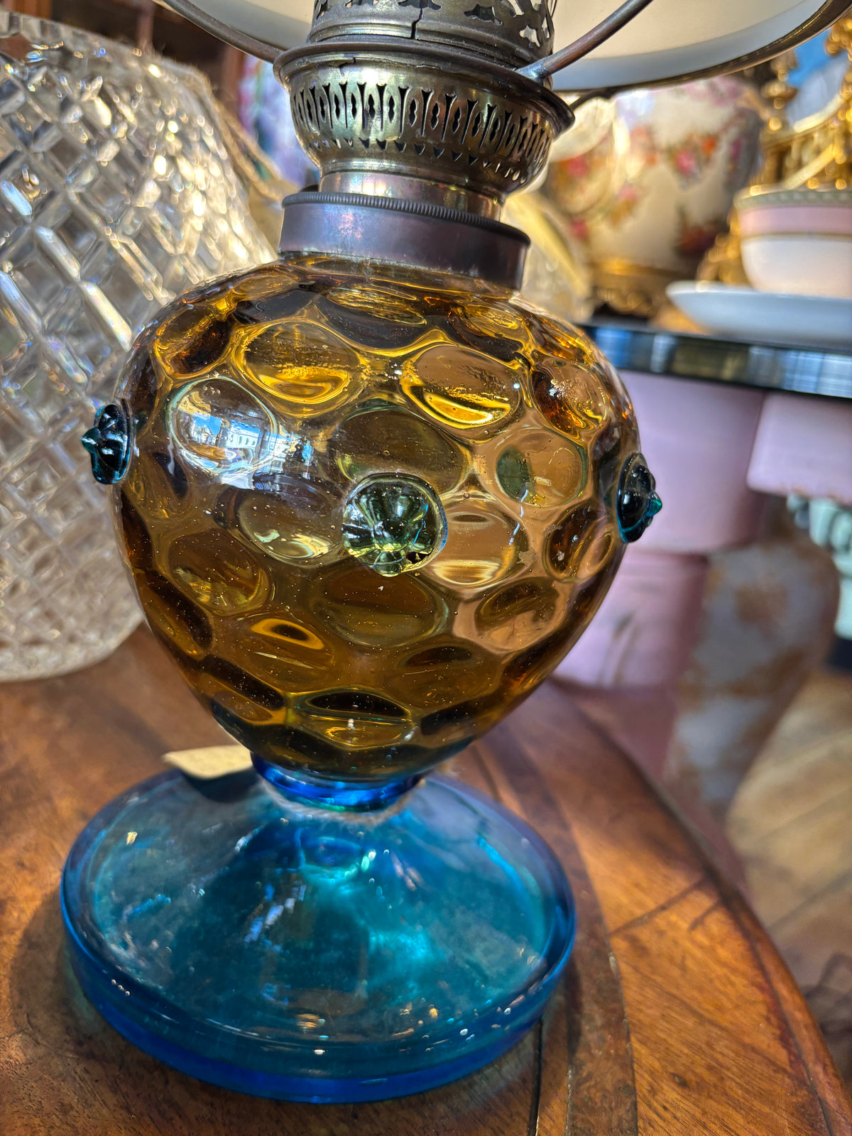 Blue and Amber Glass Kerosene Lamp with Kosmos-style Burner and Opaline Shade