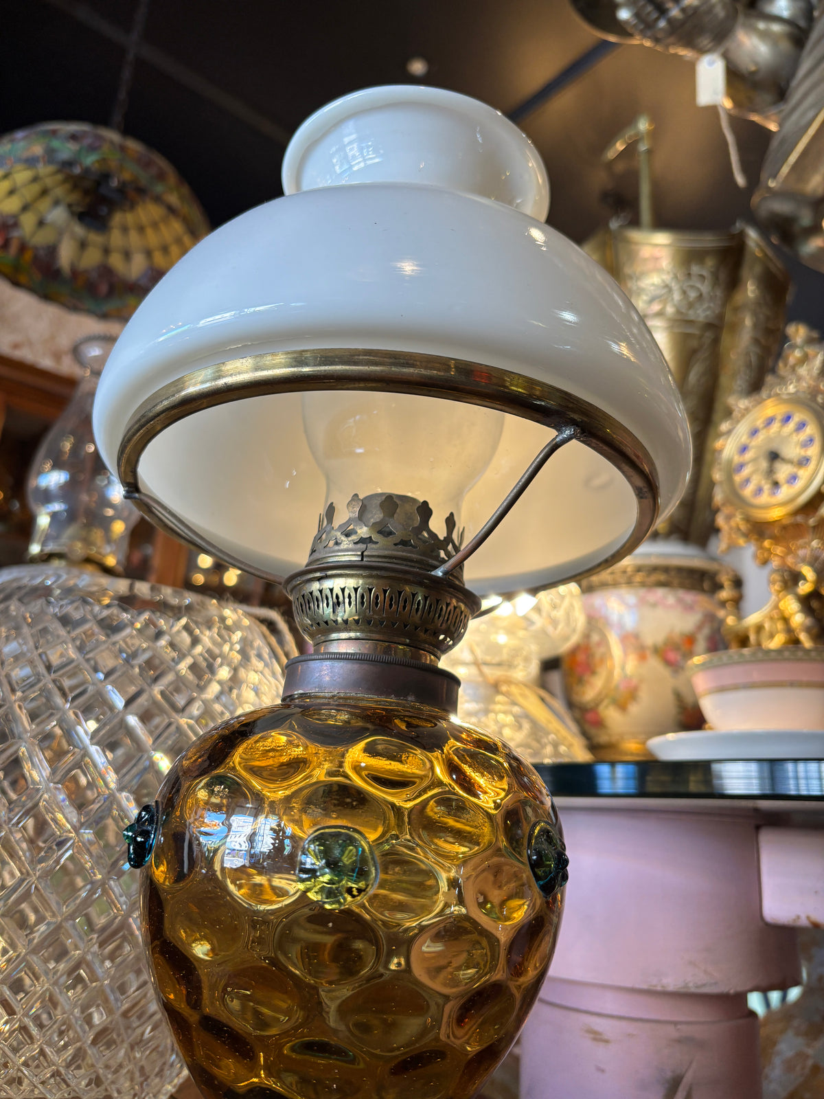 Blue and Amber Glass Kerosene Lamp with Kosmos-style Burner and Opaline Shade