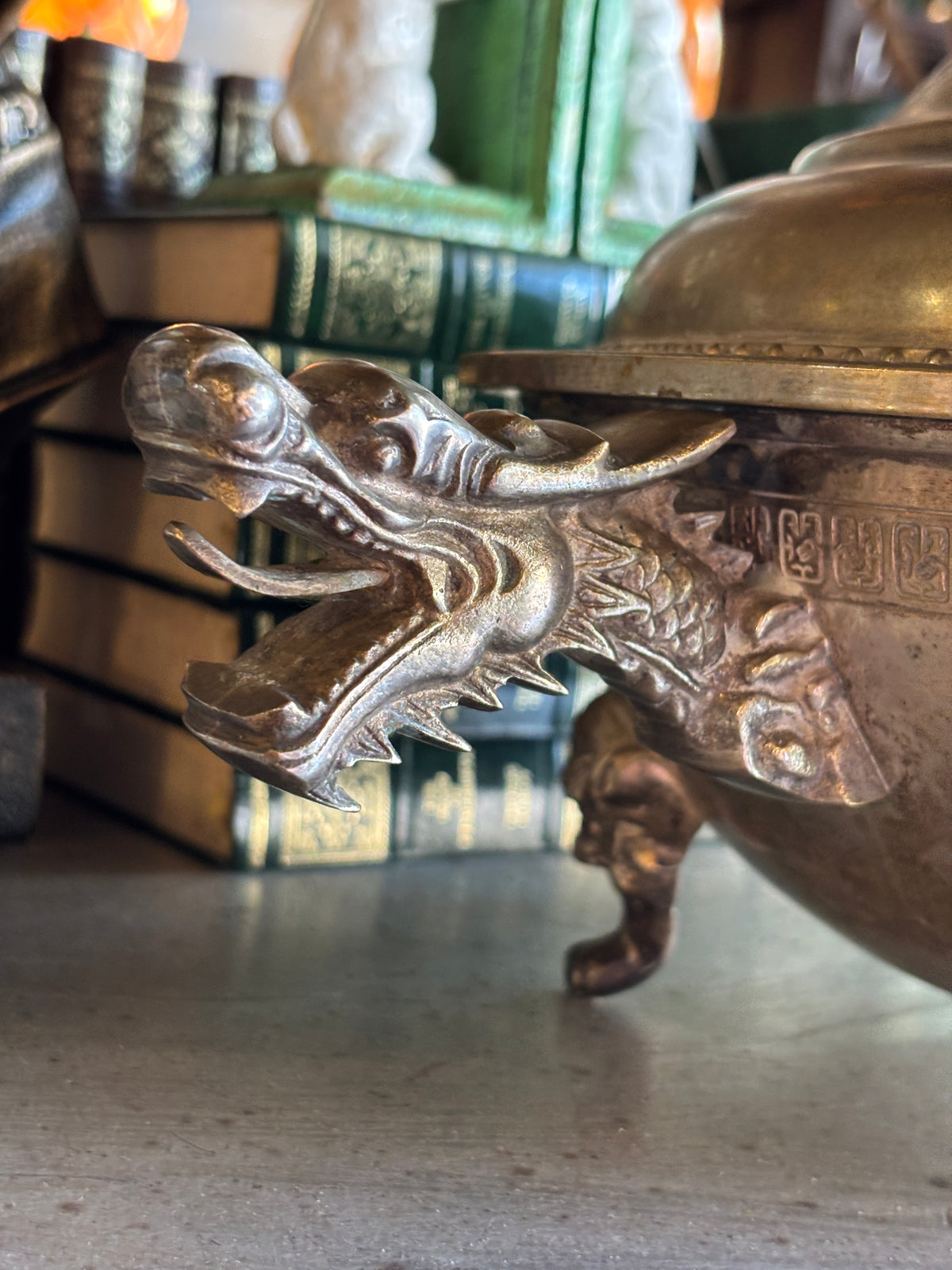 Vintage Chinese Brass Dragon Dragon Handle Lidded Tureen
