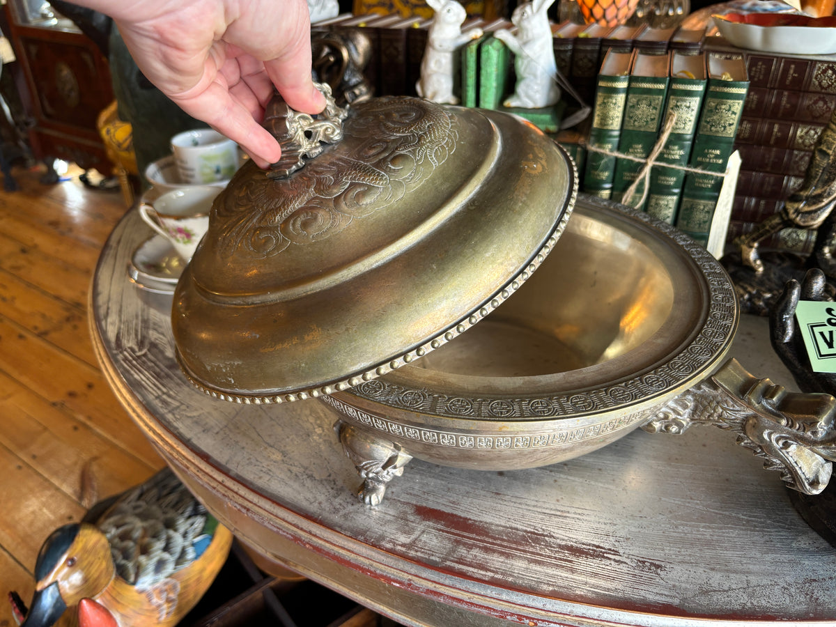 Vintage Chinese Brass Dragon Dragon Handle Lidded Tureen