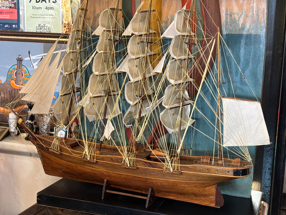Vintage Five-Masted Barque Tall Ship Model – Large Hand-Built Hardwood Display Model with Cloth Sails, c.1970s–80s