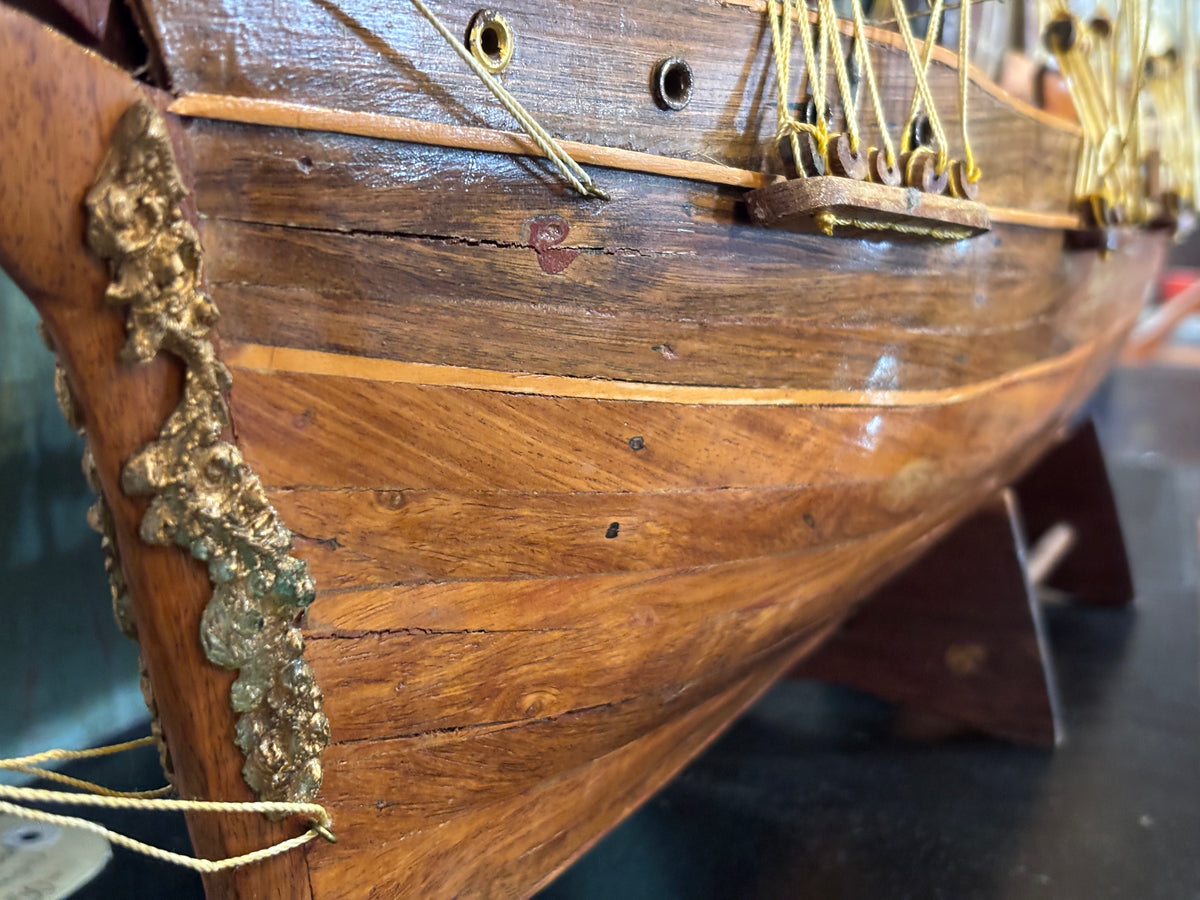 Vintage Five-Masted Barque Tall Ship Model – Large Hand-Built Hardwood Display Model with Cloth Sails, c.1970s–80s
