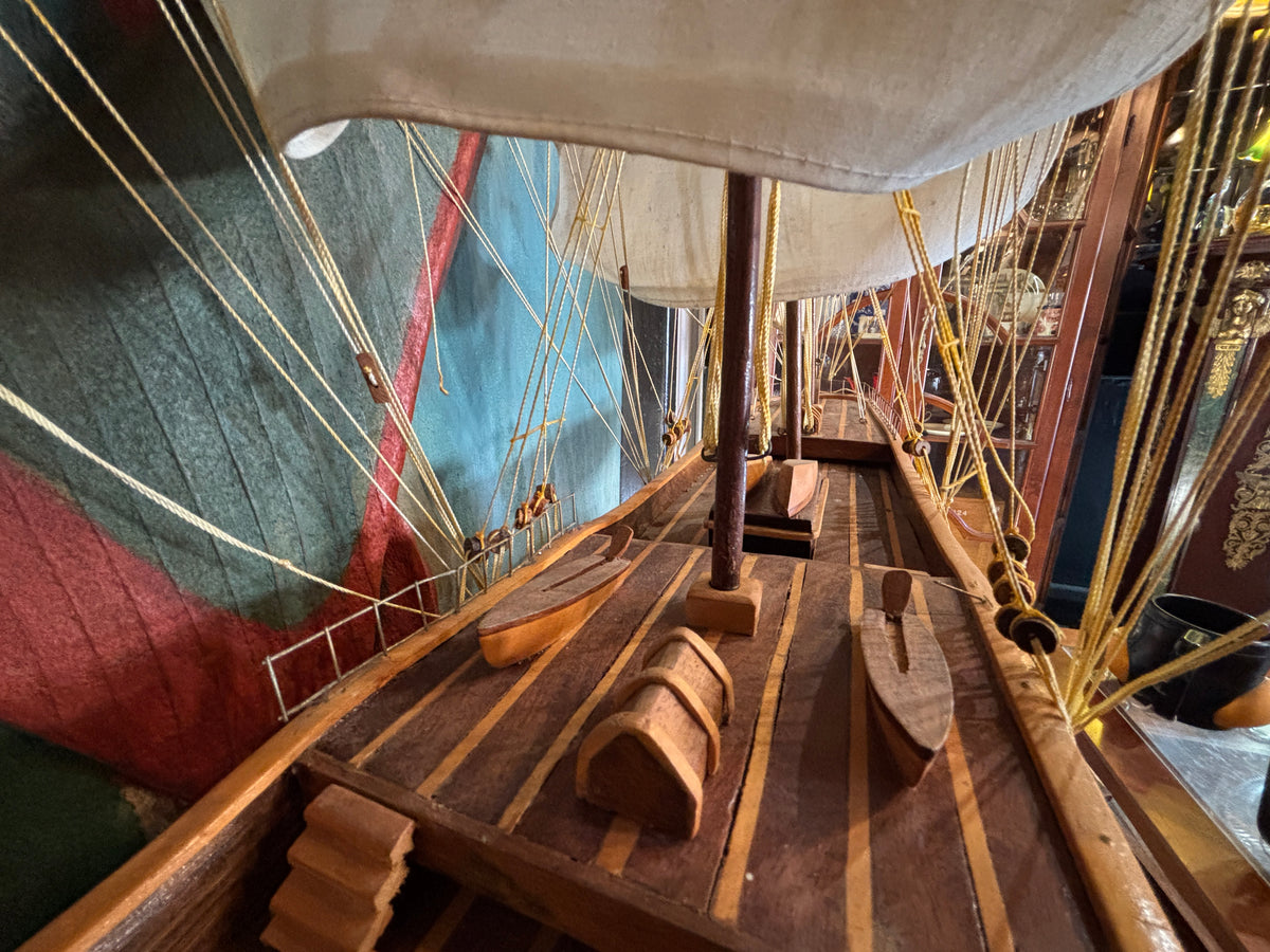 Vintage Five-Masted Barque Tall Ship Model – Large Hand-Built Hardwood Display Model with Cloth Sails, c.1970s–80s
