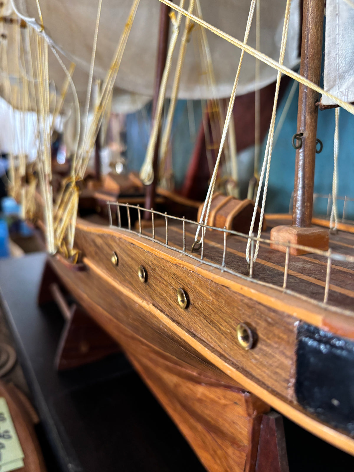 Vintage Five-Masted Barque Tall Ship Model – Large Hand-Built Hardwood Display Model with Cloth Sails, c.1970s–80s