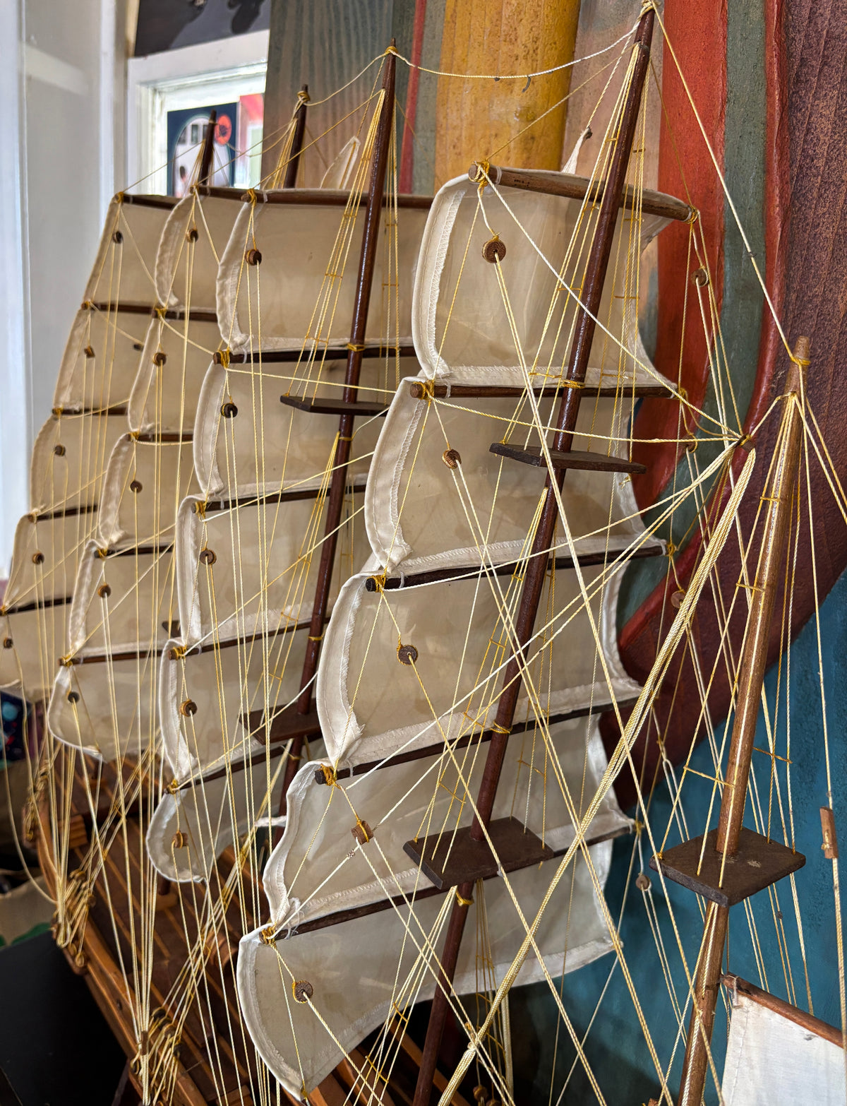Vintage Five-Masted Barque Tall Ship Model – Large Hand-Built Hardwood Display Model with Cloth Sails, c.1970s–80s