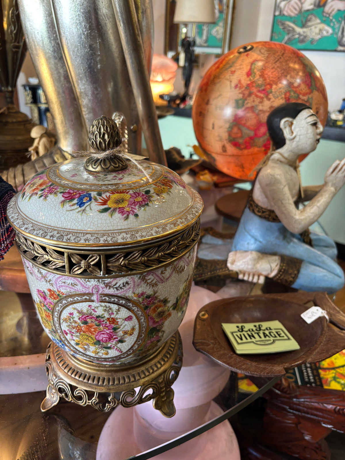 Beautiful Ceramic Pot/Urn with Brass Stand and Extensive Floral Decoration