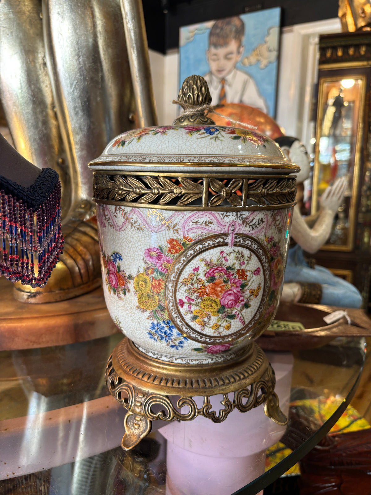 Beautiful Ceramic Pot/Urn with Brass Stand and Extensive Floral Decoration