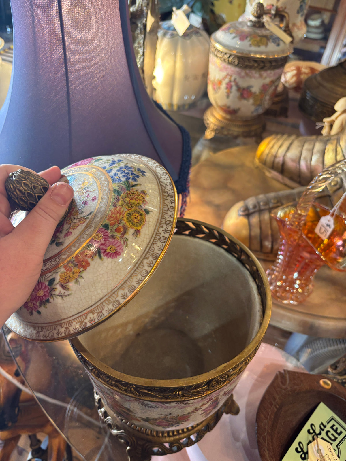 Beautiful Ceramic Pot/Urn with Brass Stand and Extensive Floral Decoration