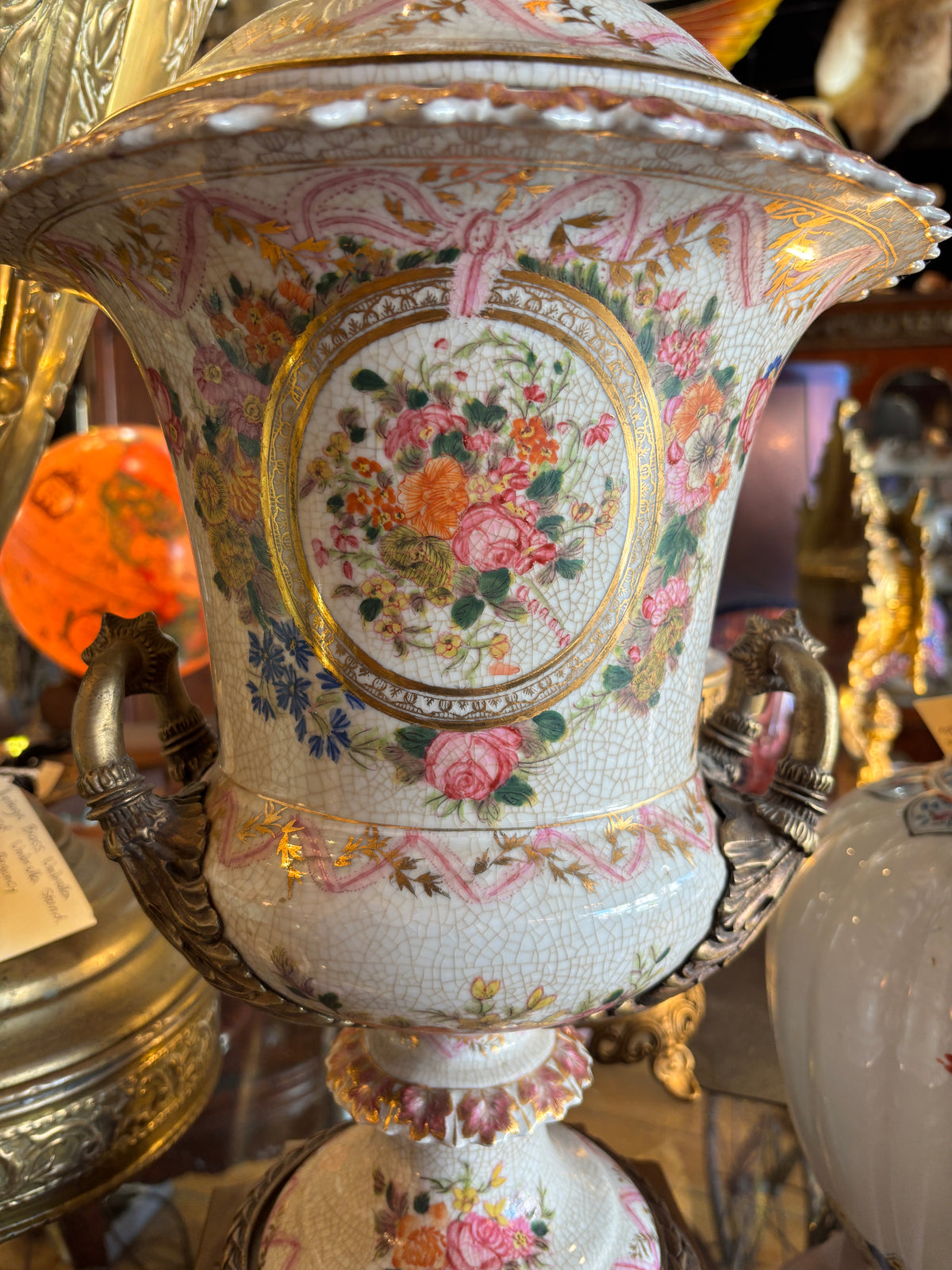 Beautiful Ceramic Urn with Brass finial handles and Stand with Floral Decoration