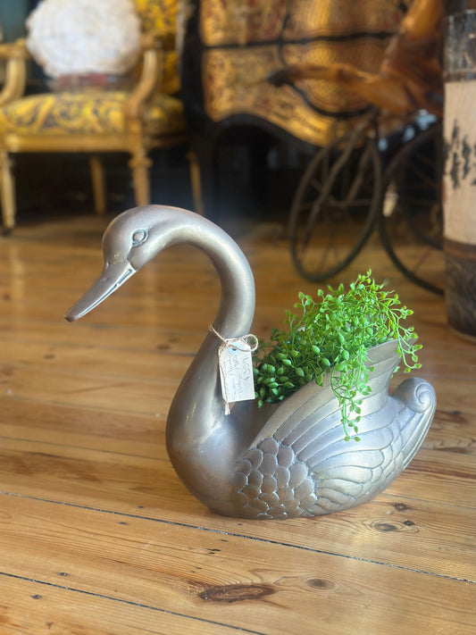 Large Vintage Brass Swan Planter – Hollywood Regency Mid-Century Statement Piece