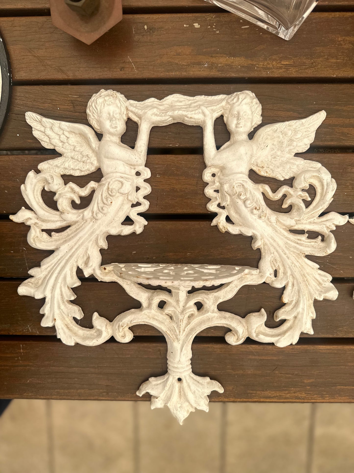 Vintage Style White Cast Iron Cherub Wall Shelf | Ornate Shabby Chic Angel Sconce Display