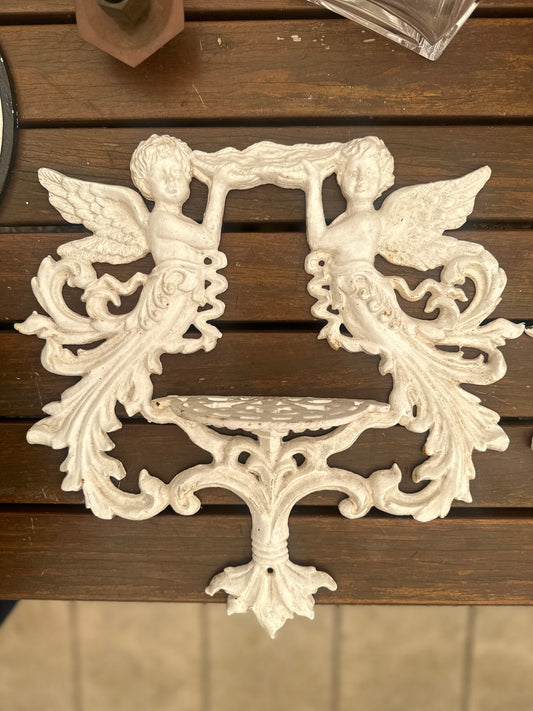 Vintage Style White Cast Iron Cherub Wall Shelf | Ornate Shabby Chic Angel Sconce Display