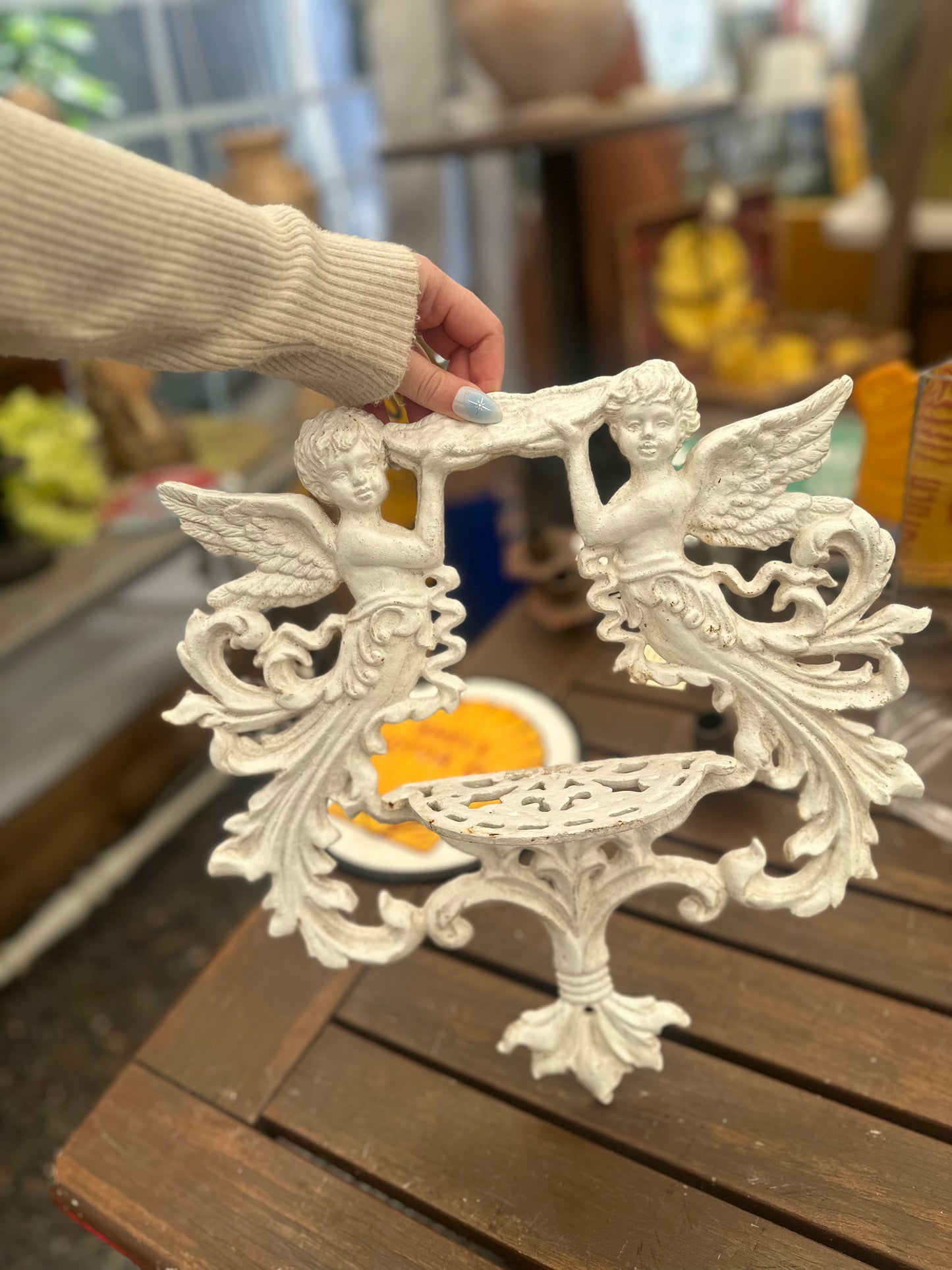 Vintage Style White Cast Iron Cherub Wall Shelf | Ornate Shabby Chic Angel Sconce Display