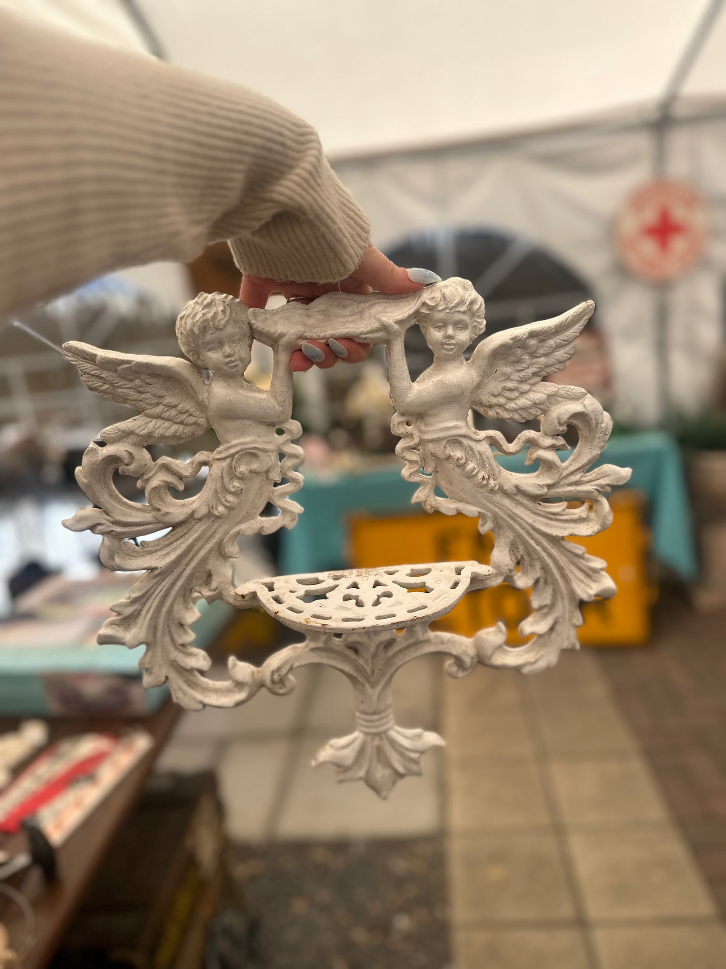Vintage Style White Cast Iron Cherub Wall Shelf | Ornate Shabby Chic Angel Sconce Display