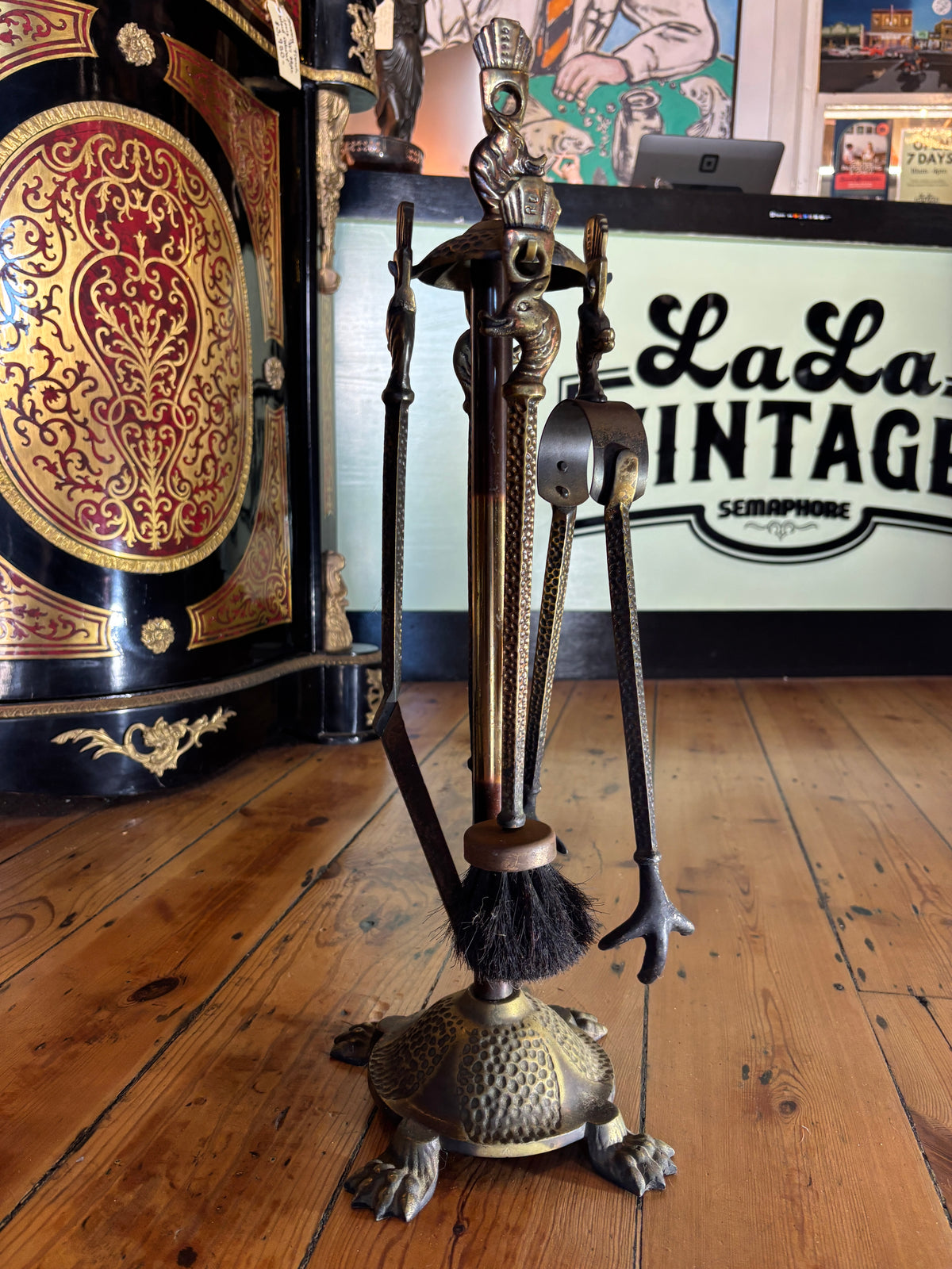 Hammered figural Brass 5 Piece set of Fireplace Tool
