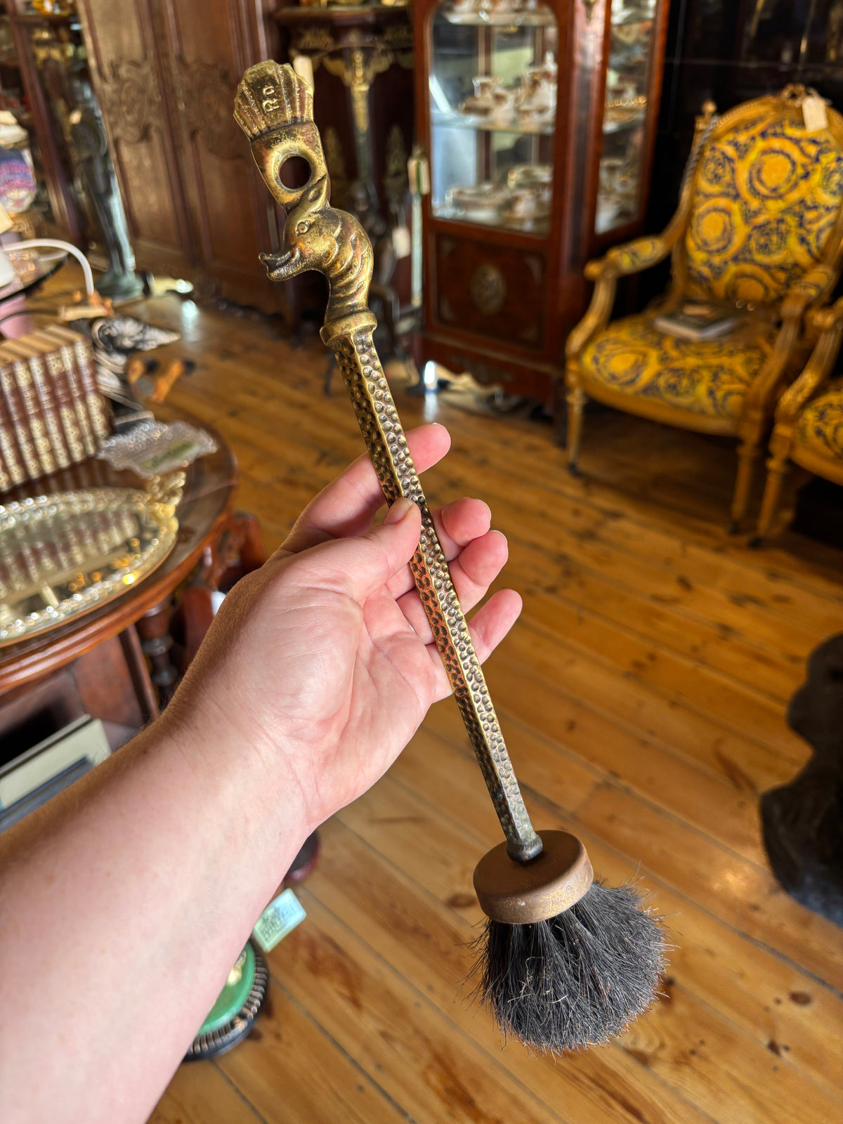 Hammered figural Brass 5 Piece set of Fireplace Tool