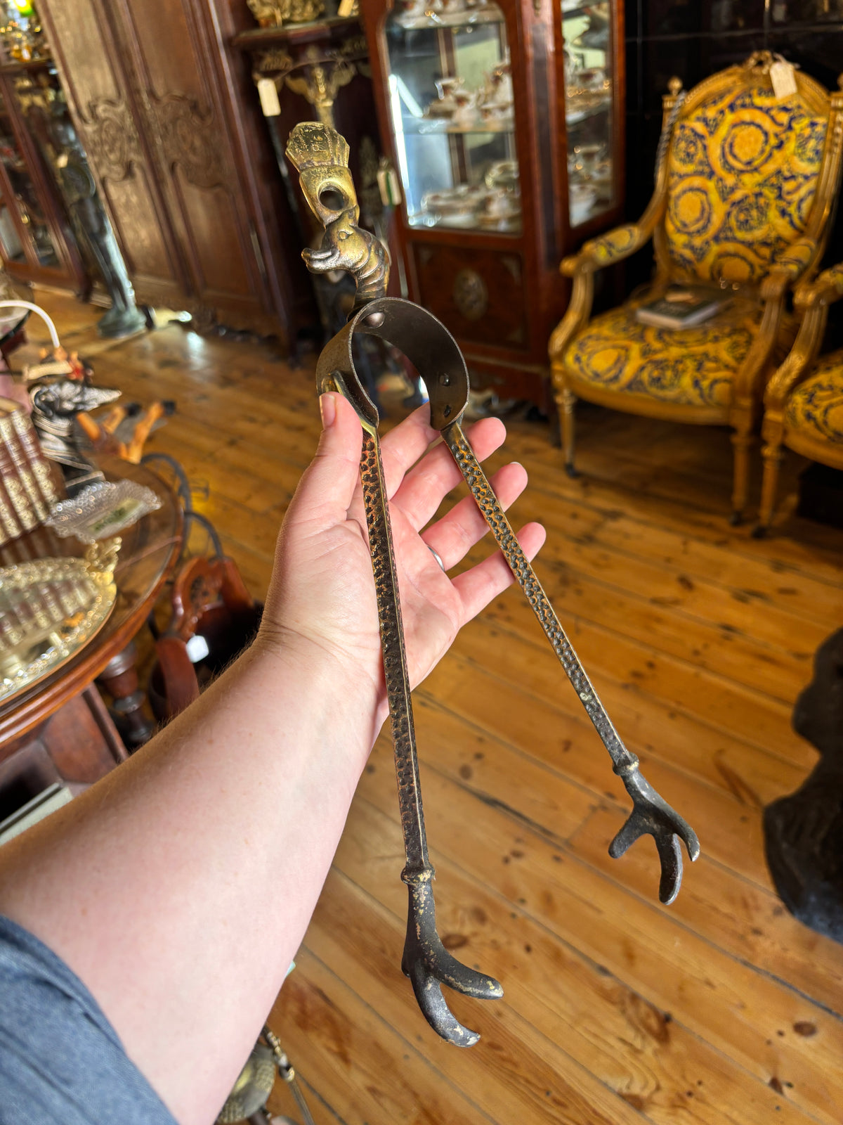 Hammered figural Brass 5 Piece set of Fireplace Tool