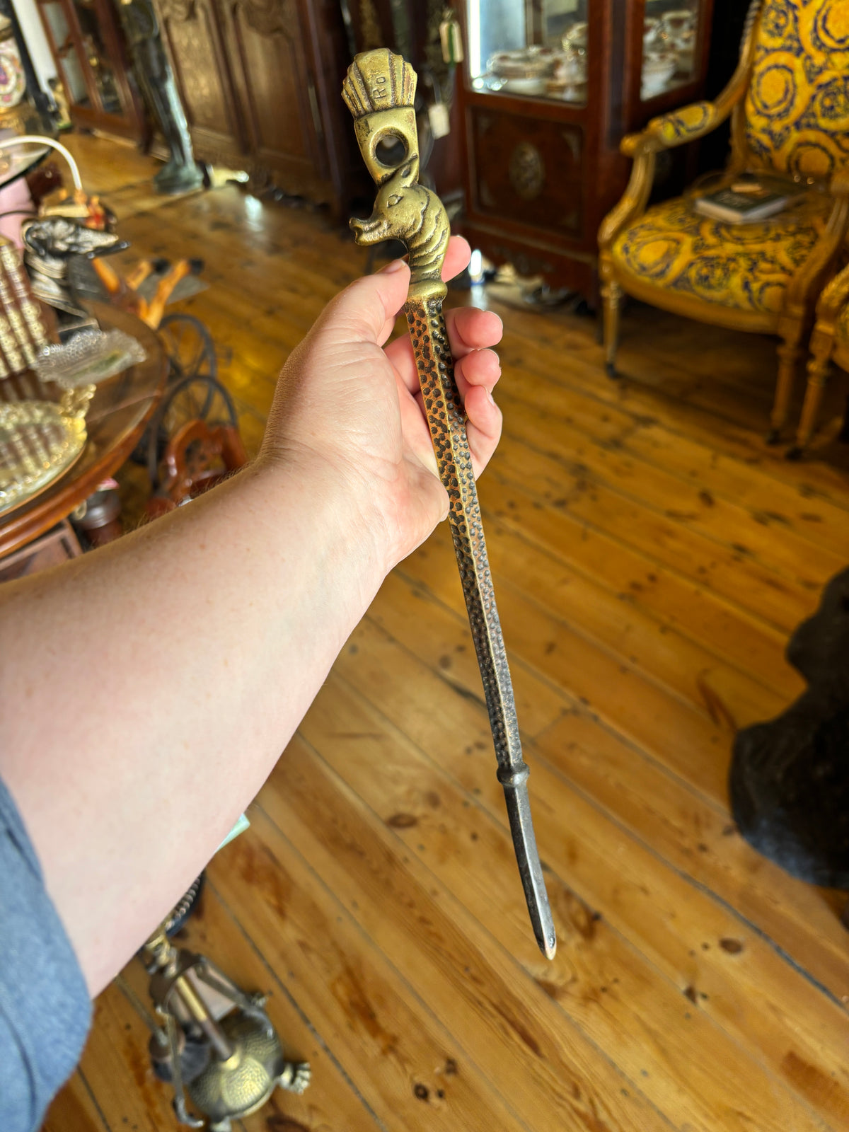 Hammered figural Brass 5 Piece set of Fireplace Tool