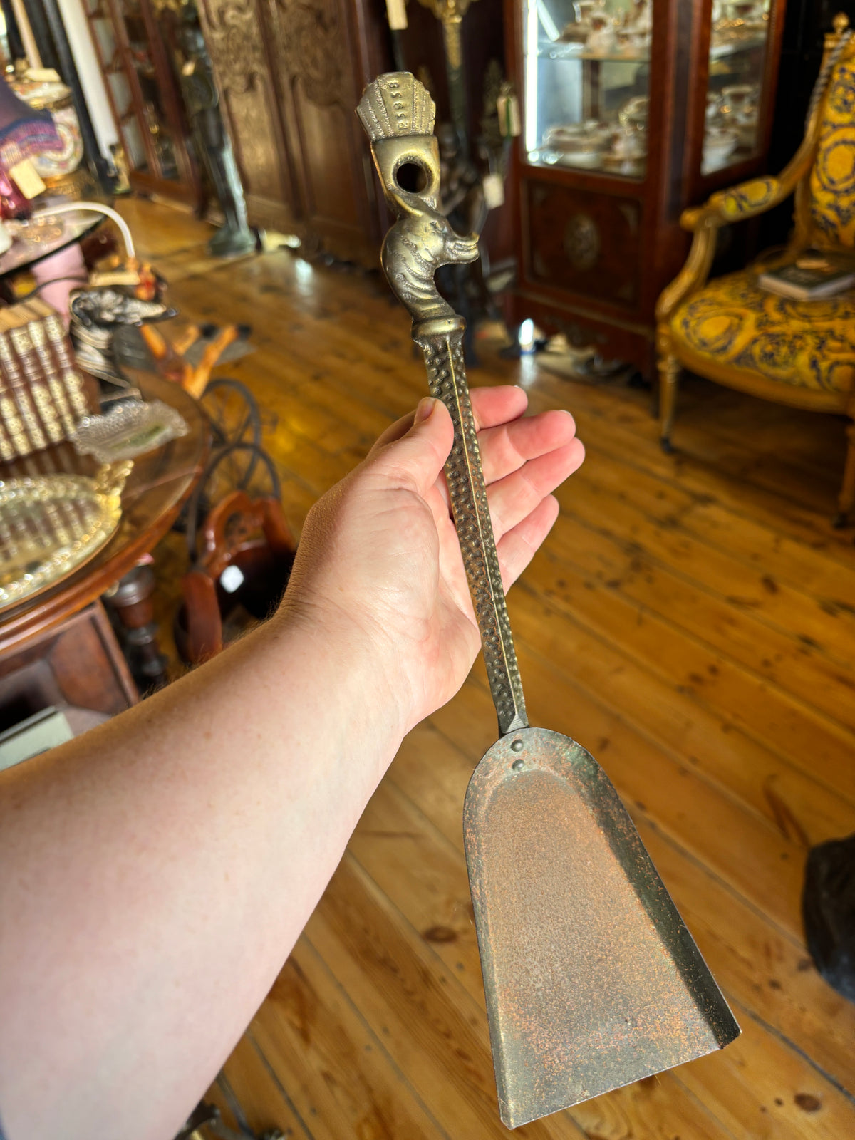 Hammered figural Brass 5 Piece set of Fireplace Tool