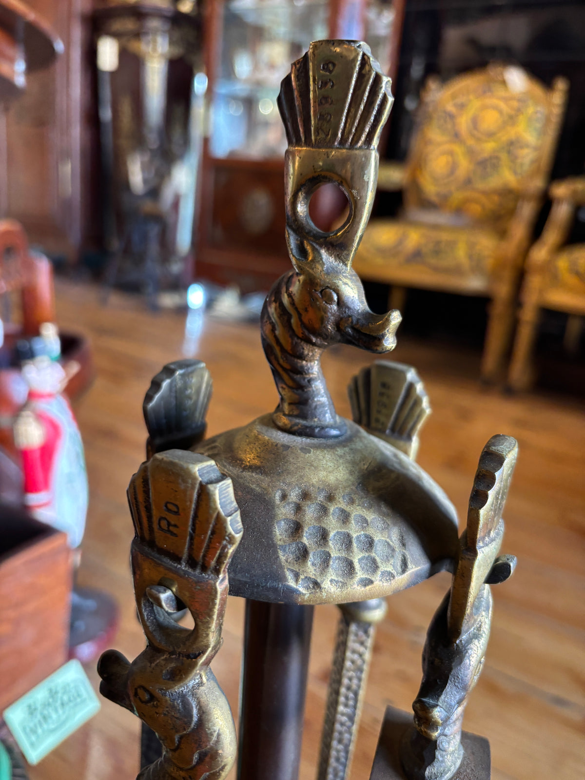 Hammered figural Brass 5 Piece set of Fireplace Tool