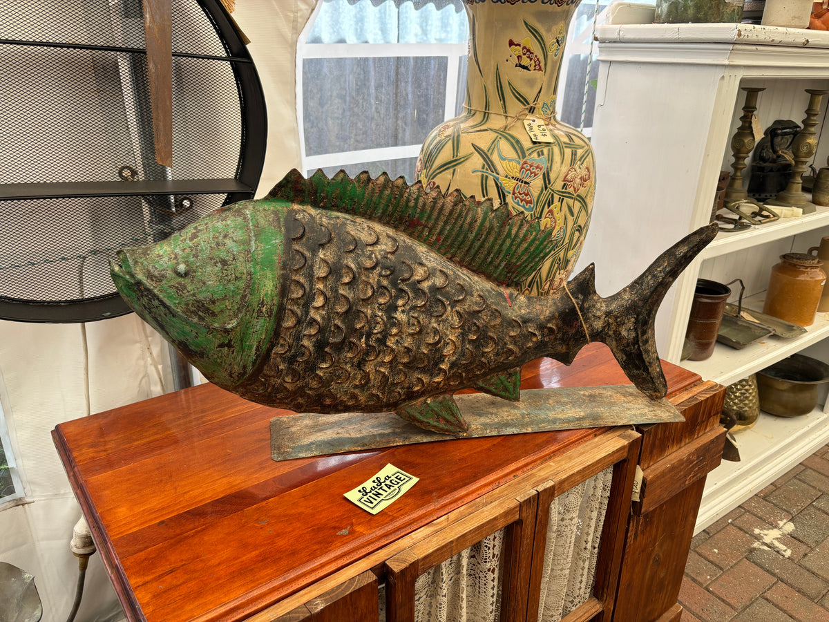 Rustic Hand-Painted Metal Fish Sculpture on Stand