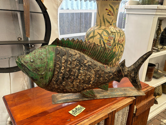 Rustic Hand-Painted Metal Fish Sculpture on Stand