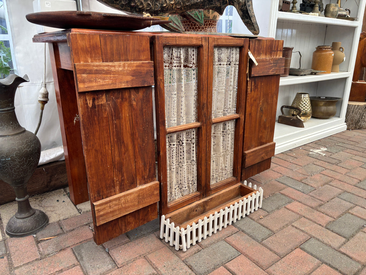 Rustic Timber Faux Window with Shutters, Lace Curtains & Picket Fence Planter Box
