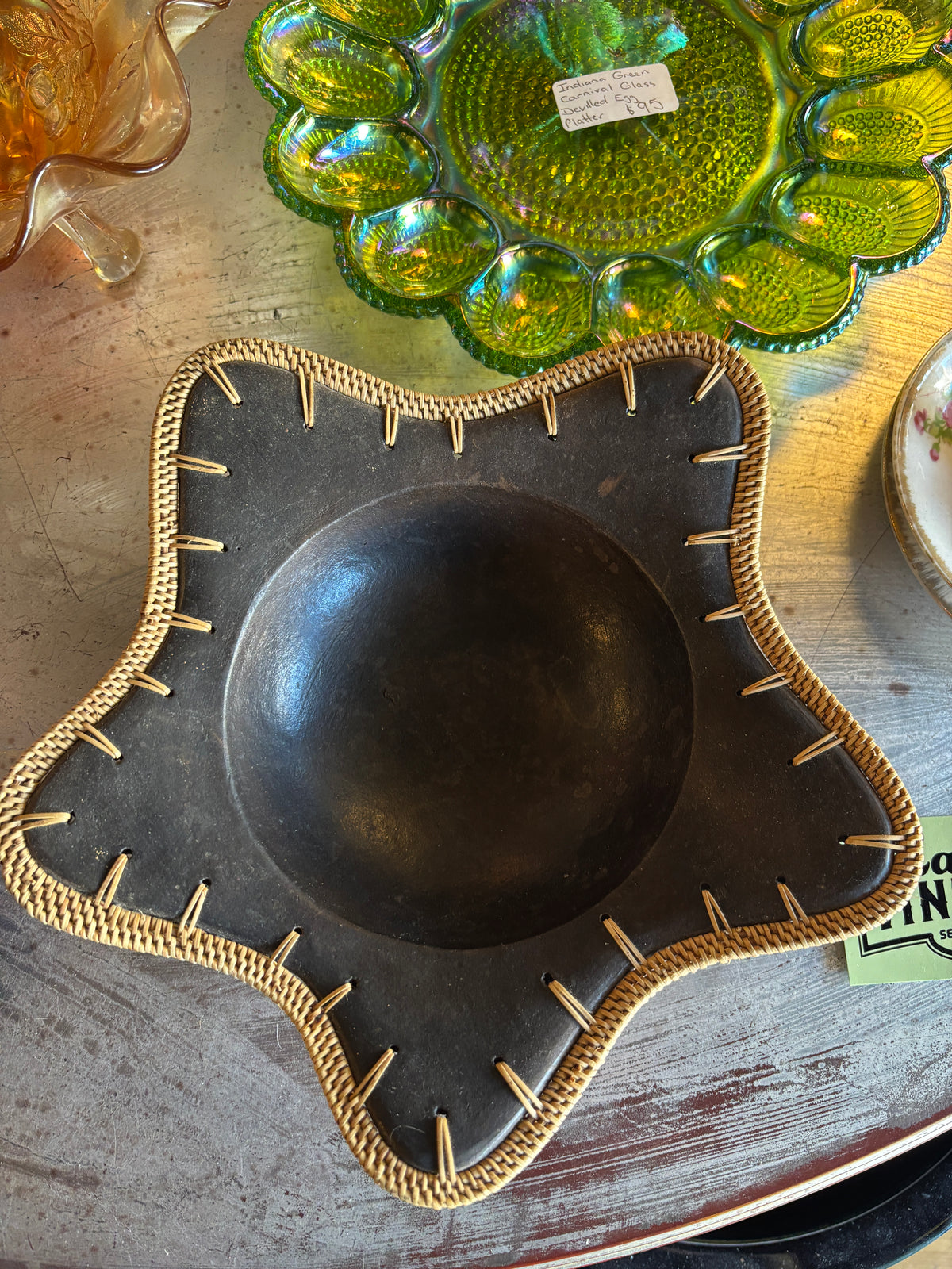 Vintage Hand Crafted Bowl with Wicker Braided Border