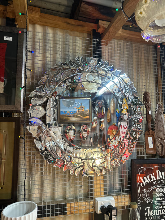 Vintage Venetian Murano Style Glass Mirror – Etched Floral Round Wall Mirror | La La Vintage