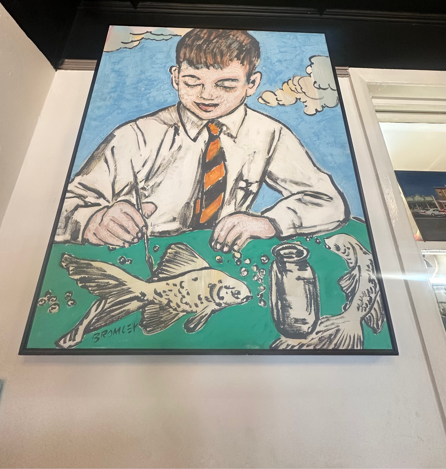 David Bromley Original Painting 'Young Boy with Fish' – Children Series Acrylic on Canvas